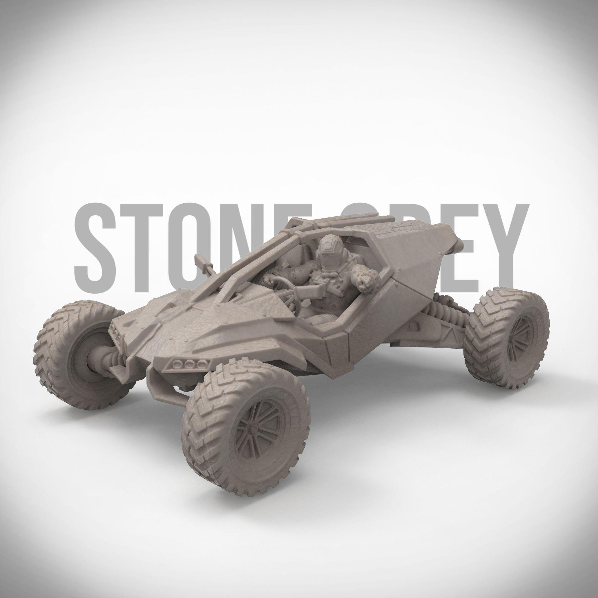 A rugged sci-fi off-road buggy sculpture with intricate detailing and an armed pilot behind the wheel. Trekker is a perfect collectible for vehicle lovers and tabletop gamers. Available in multiple finishes and sizes. A striking addition to any shelf!