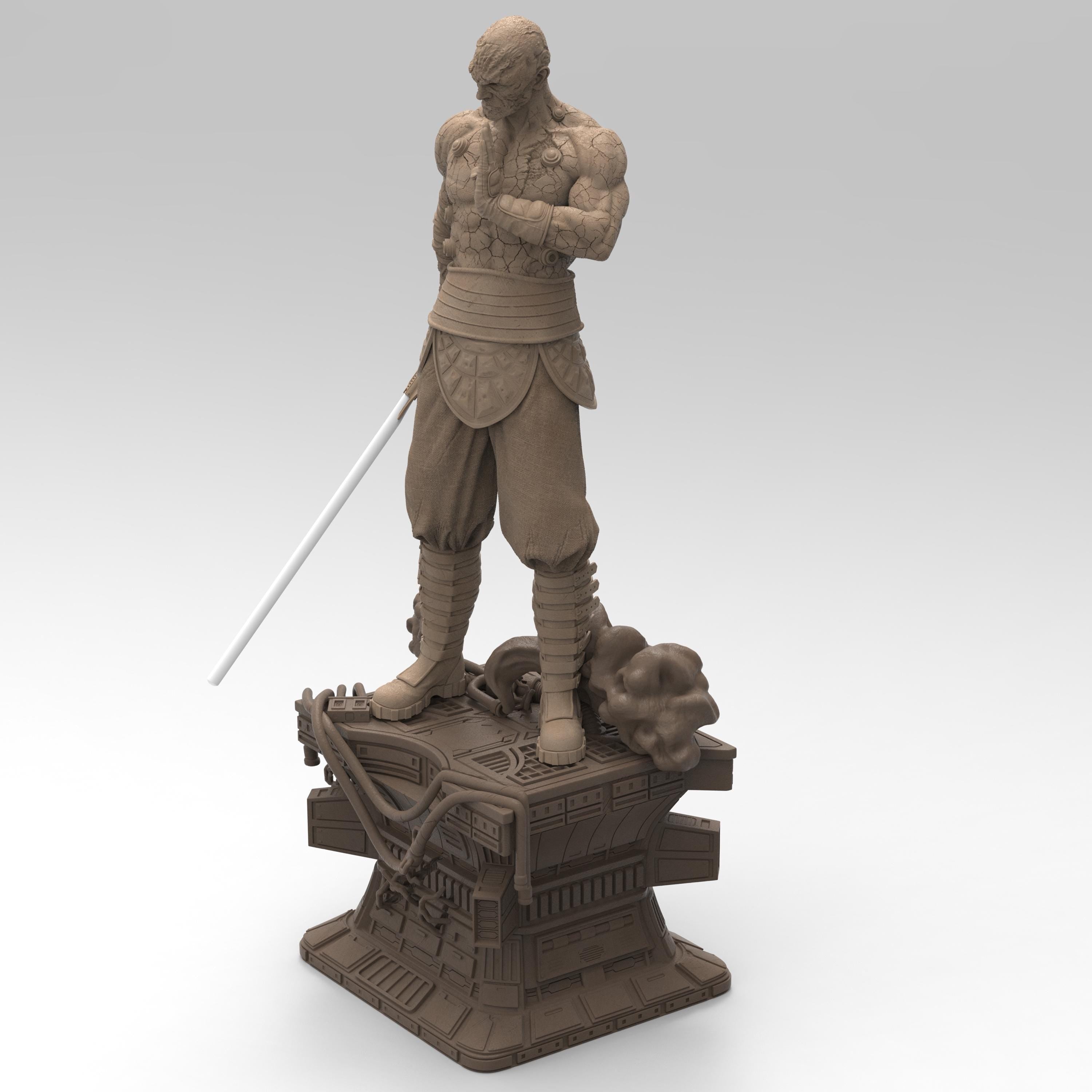 Darth Sion statue, showcasing the Sith Lord’s cracked stone-like body. He stands on a futuristic base, gripping a lightsaber, exuding menace. His battle-worn armor and intense gaze reflect his mastery of the dark side, embodying pain and hatred.