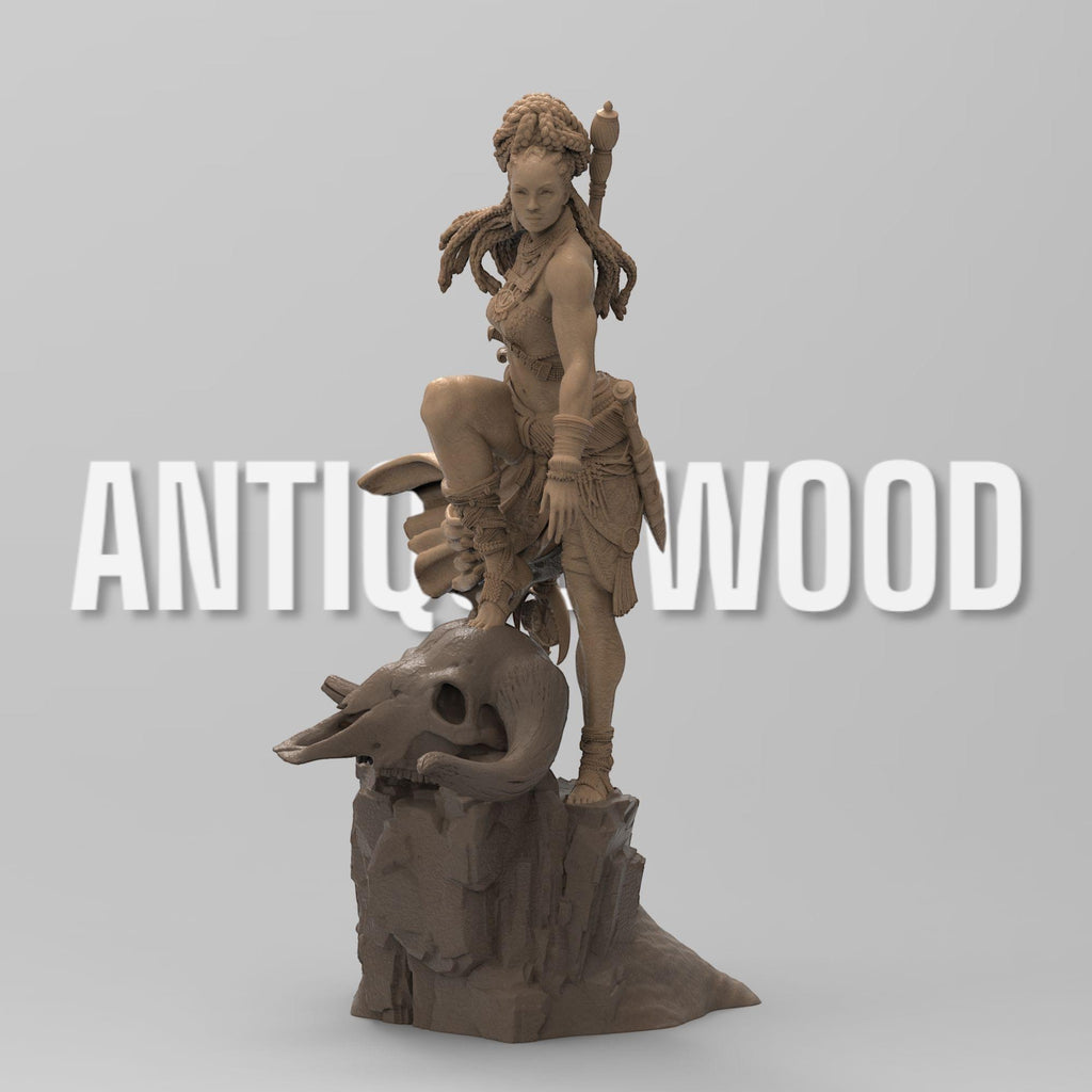 Elzebe, the Warrior Queen, stands atop a rocky skull, exuding strength and regality. Clad in intricate armor, her braided hair flows as she surveys the battlefield. A fierce leader, she embodies resilience and power, a true queen of war and legend.