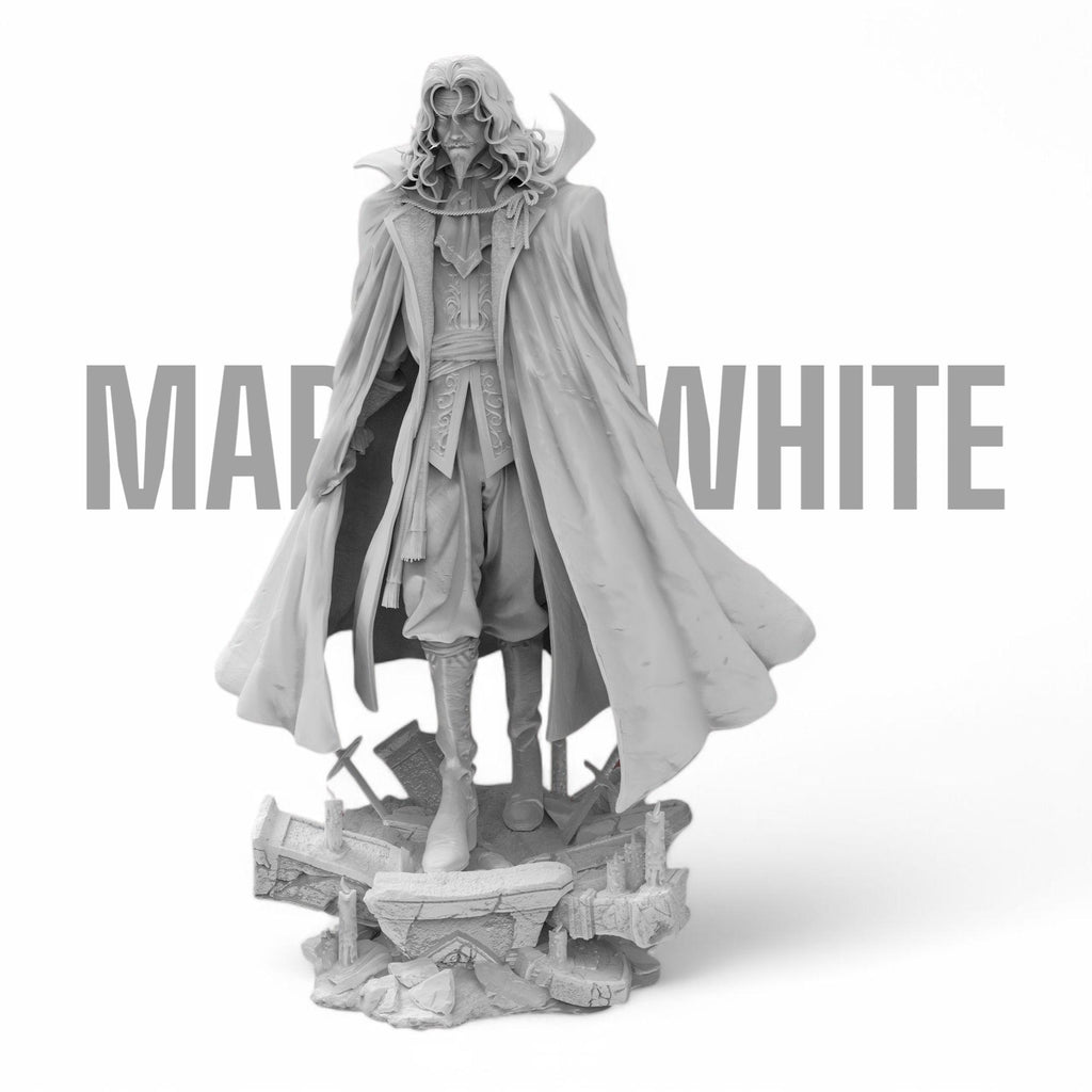 Commanding and sinister, our Dracula sculpture channels the dark majesty of the legendary vampire lord. Cloaked in regal armor and standing amid shattered ruins, this hand-painted or unpainted piece is perfect for gothic collectors and fantasy lovers.