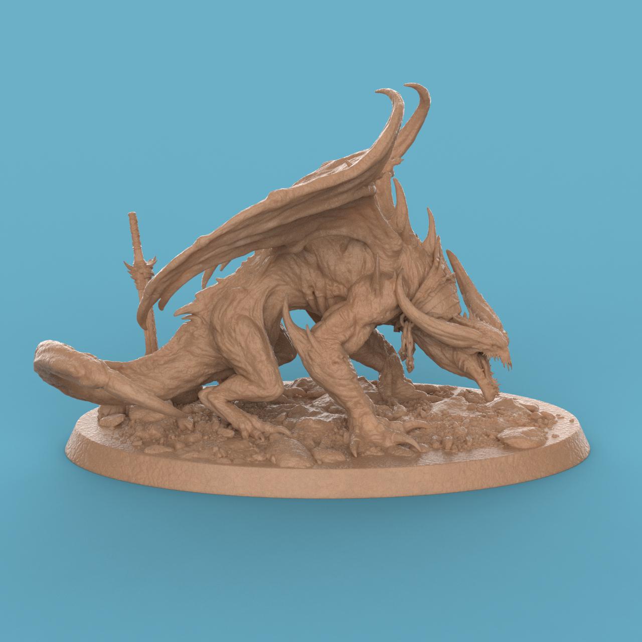 3D-printed statuette of a demonic dragon-like creature titled Hell Spawned Brood Attack. The beast crouches low on a rocky base, its body covered in spines and ridges with a menacing snarl. Large, bat-like wings arch upward, framing its muscular form, while twisted horns and sharp claws emphasize its ferocity. The detailed base includes scattered rocks, a skull, and a broken weapon, adding to the dark, infernal atmosphere.