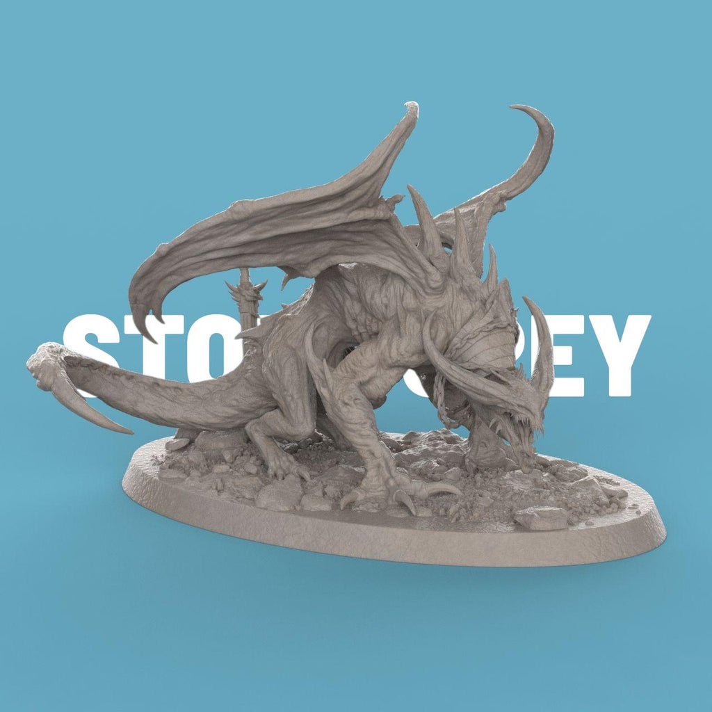 3D-printed statuette of a demonic dragon-like creature titled Hell Spawned Brood Attack. The beast crouches low on a rocky base, its body covered in spines and ridges with a menacing snarl. Large, bat-like wings arch upward, framing its muscular form, while twisted horns and sharp claws emphasize its ferocity. The detailed base includes scattered rocks, a skull, and a broken weapon, adding to the dark, infernal atmosphere.