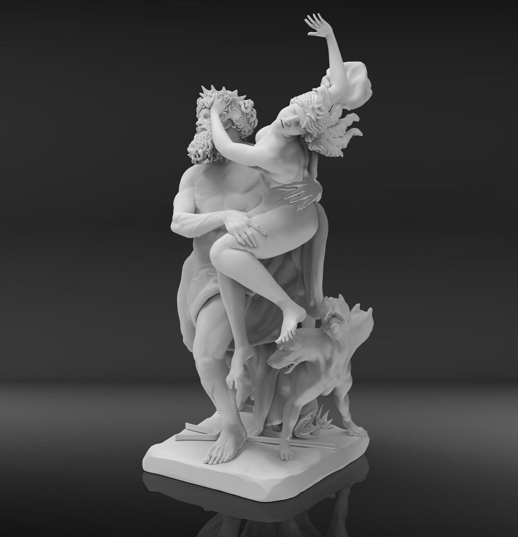 A detailed 3D sculpture of &quot;The Rape of Proserpina,&quot; depicting Pluto forcefully abducting Proserpina. The dramatic pose captures movement, with Proserpina reaching out in distress, Pluto gripping her firmly, and Cerberus at their feet.
