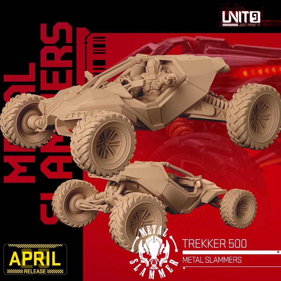 A rugged sci-fi off-road buggy sculpture with intricate detailing and an armed pilot behind the wheel. Trekker is a perfect collectible for vehicle lovers and tabletop gamers. Available in multiple finishes and sizes. A striking addition to any shelf!