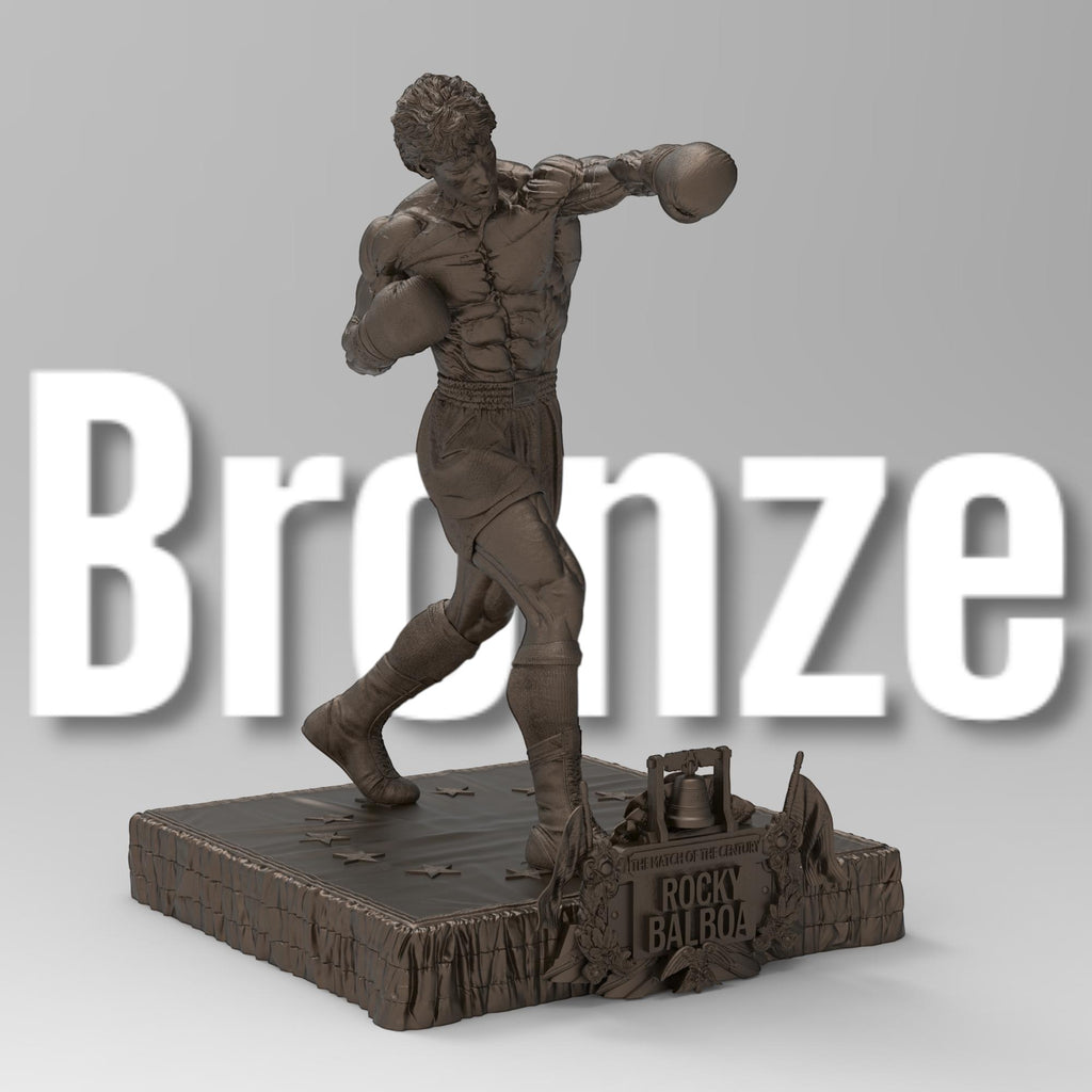 Rocky Balboa statuette capturing the iconic boxer in a powerful fighting stance. Features sculpted muscles, boxing gloves, and a detailed base with championship elements, embodying determination and resilience.