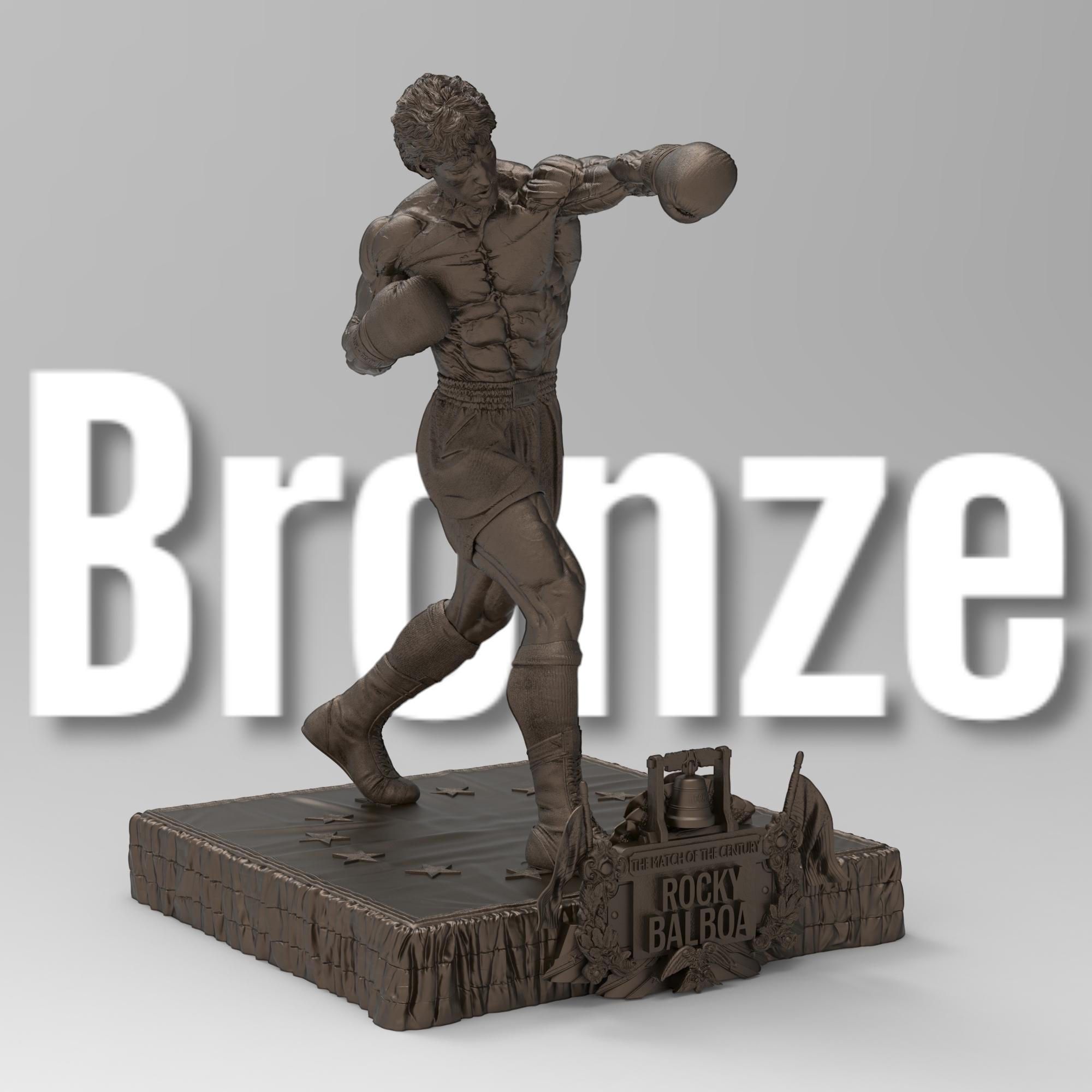 Rocky Balboa statuette capturing the iconic boxer in a powerful fighting stance. Features sculpted muscles, boxing gloves, and a detailed base with championship elements, embodying determination and resilience.