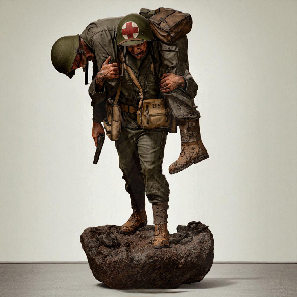 Detailed 3D-printed statue of a WWII soldier carrying a wounded comrade on his back, symbolizing courage, sacrifice, and brotherhood in battle. The figure is set on a rocky base, capturing raw emotion and heroic realism.