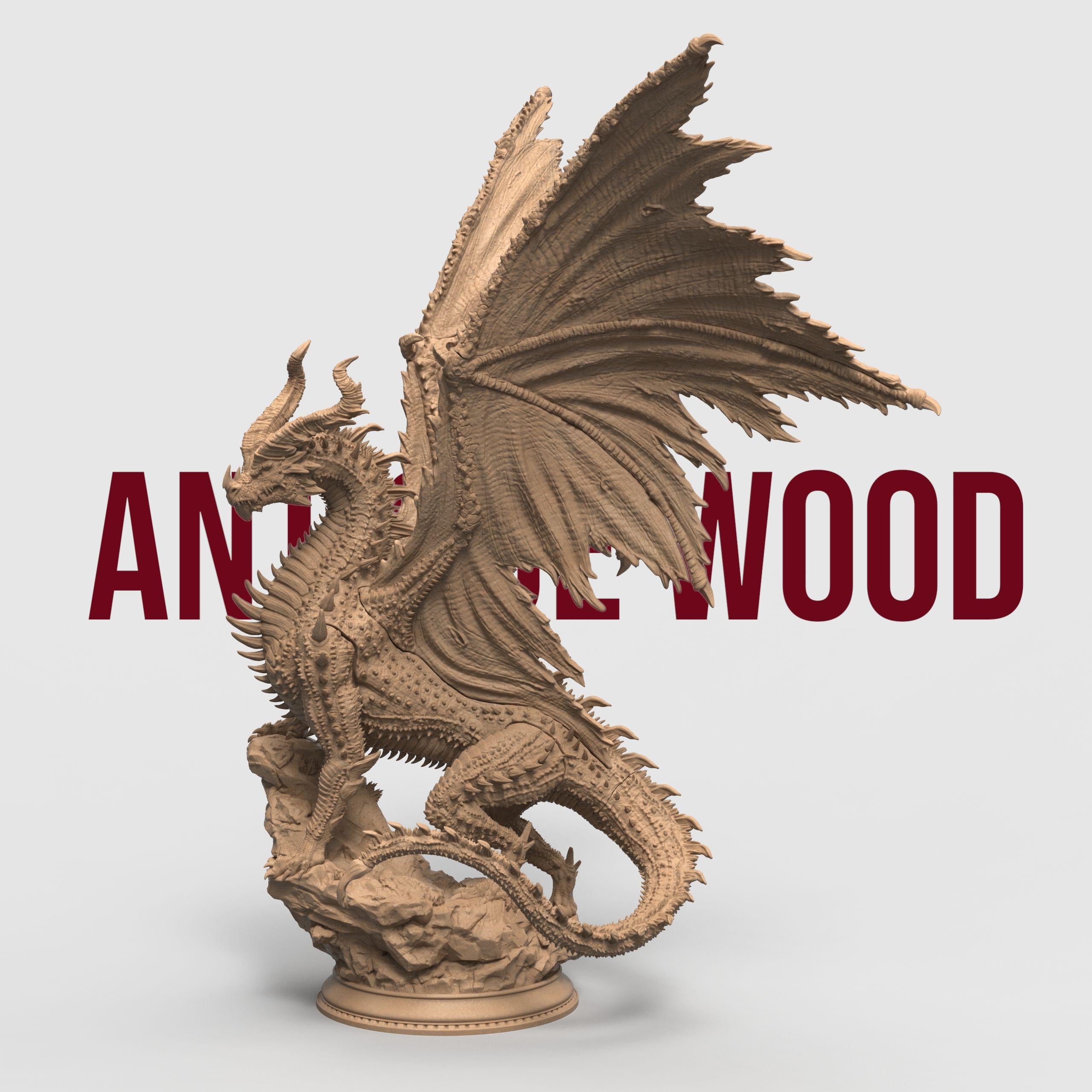 Highly detailed 3D-printed miniature of a Black Ancient Dragon perched atop jagged rocky terrain. The dragon features menacing horns, sharp spines along its body, and expansive, tattered wings spread wide in a dominant pose. Sculpted with fine textures, including intricate scales and a fierce, snarling expression.