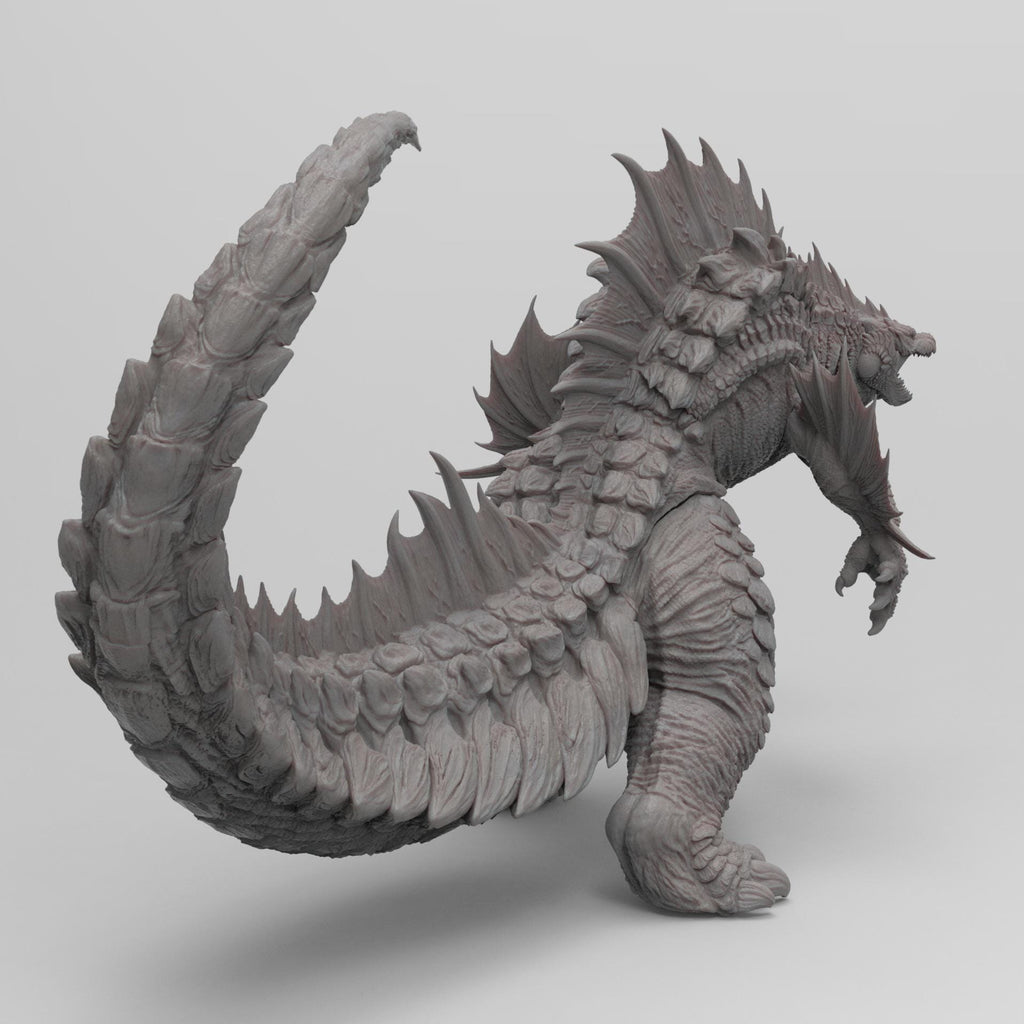 Highly detailed statue of Godzilla Reborn in a dynamic pose, showcasing sharp spines, textured scales, and an aggressive stance, rendered in a gray stone-like finish.