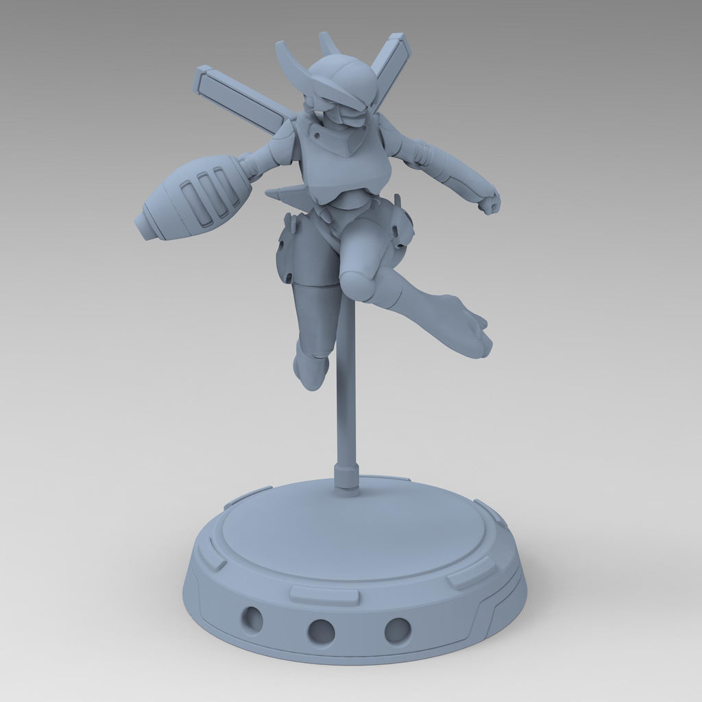 Cyberbabe Mommo, a dynamic cyberpunk warrior, soars mid-air in sleek armor with powerful gauntlets and a futuristic visor. Her agile stance and mechanical enhancements make her a striking figure for sci-fi enthusiasts and collectors.