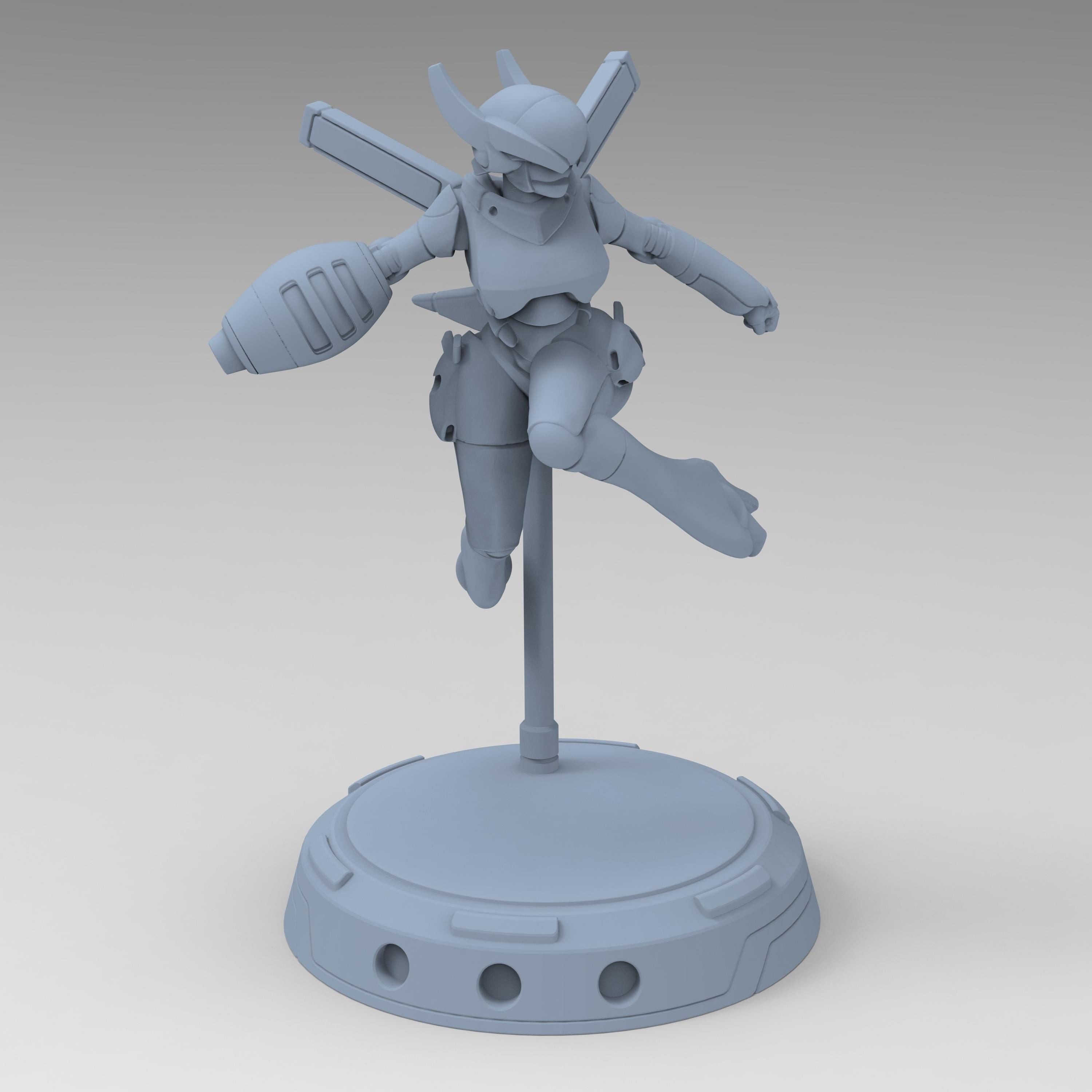 Cyberbabe Mommo, a dynamic cyberpunk warrior, soars mid-air in sleek armor with powerful gauntlets and a futuristic visor. Her agile stance and mechanical enhancements make her a striking figure for sci-fi enthusiasts and collectors.