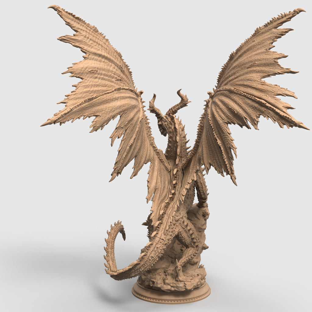 Highly detailed 3D-printed miniature of a Black Ancient Dragon perched atop jagged rocky terrain. The dragon features menacing horns, sharp spines along its body, and expansive, tattered wings spread wide in a dominant pose. Sculpted with fine textures, including intricate scales and a fierce, snarling expression.