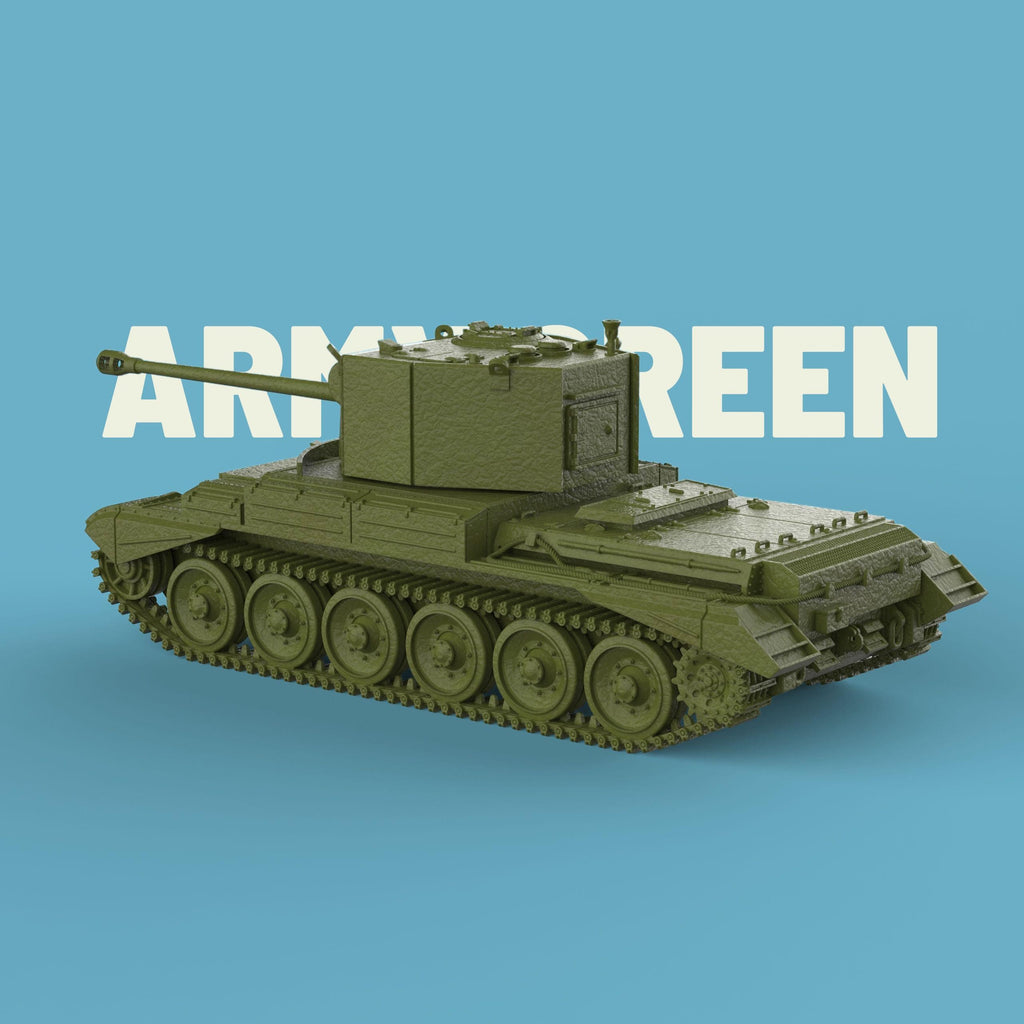 A tabletop miniature model of the A30 Challenger Tank, featuring a detailed turret with a long barrel, six large road wheels on each side, and distinct track and hull details. The model has a textured finish, resembling a scaled-down, resin-cast military tank displayed against a plain blue background.