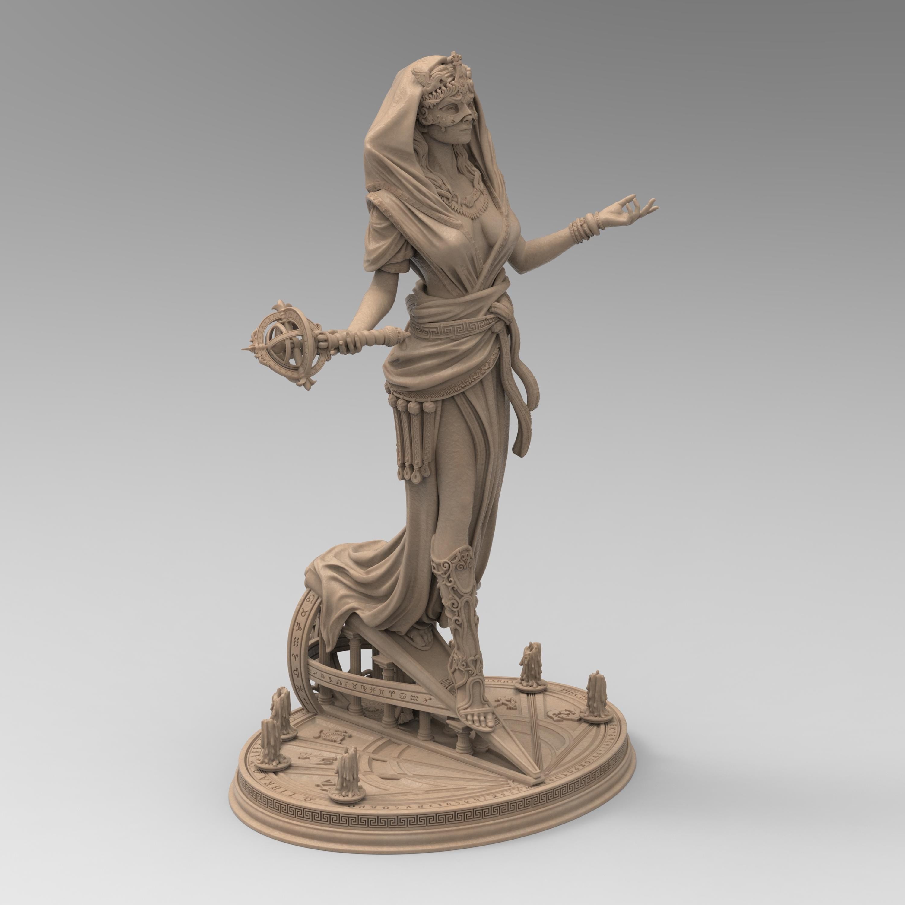 Elegant statue of Lakhesis, the Moirai. Draped in flowing robes with intricate details, a veiled face, and a majestic headdress. Symbolizing the measurer of fate, she stands with a poised and mystical presence.