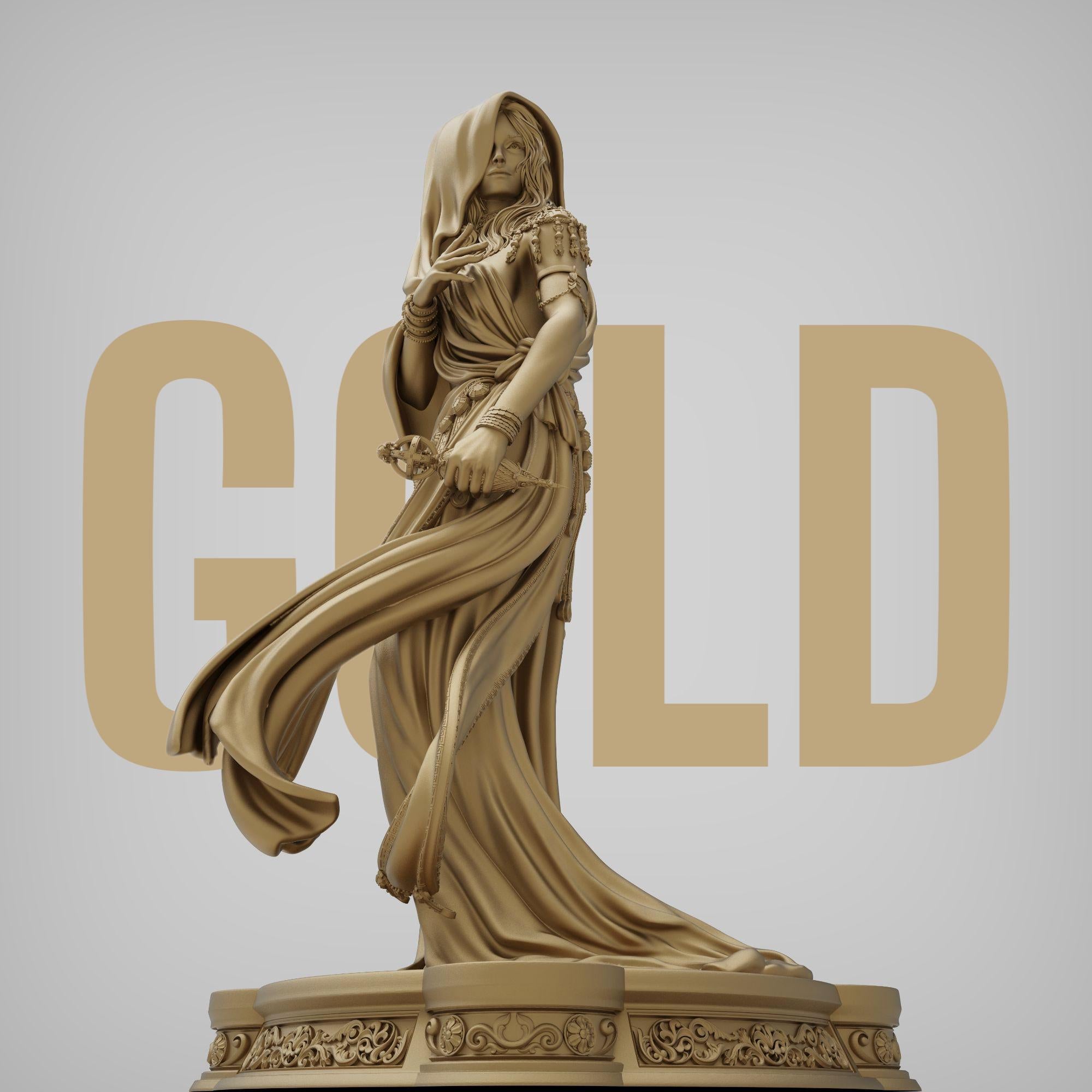 Klotho the Moirai, the spinner of fate, is captured here in an elegant and mysterious pose, cloaked in flowing robes and holding the thread of destiny. This highly detailed sculpture embodies grace, power, and mythic allure—perfect for collectors of fantasy art, mythology, and Greek legends.