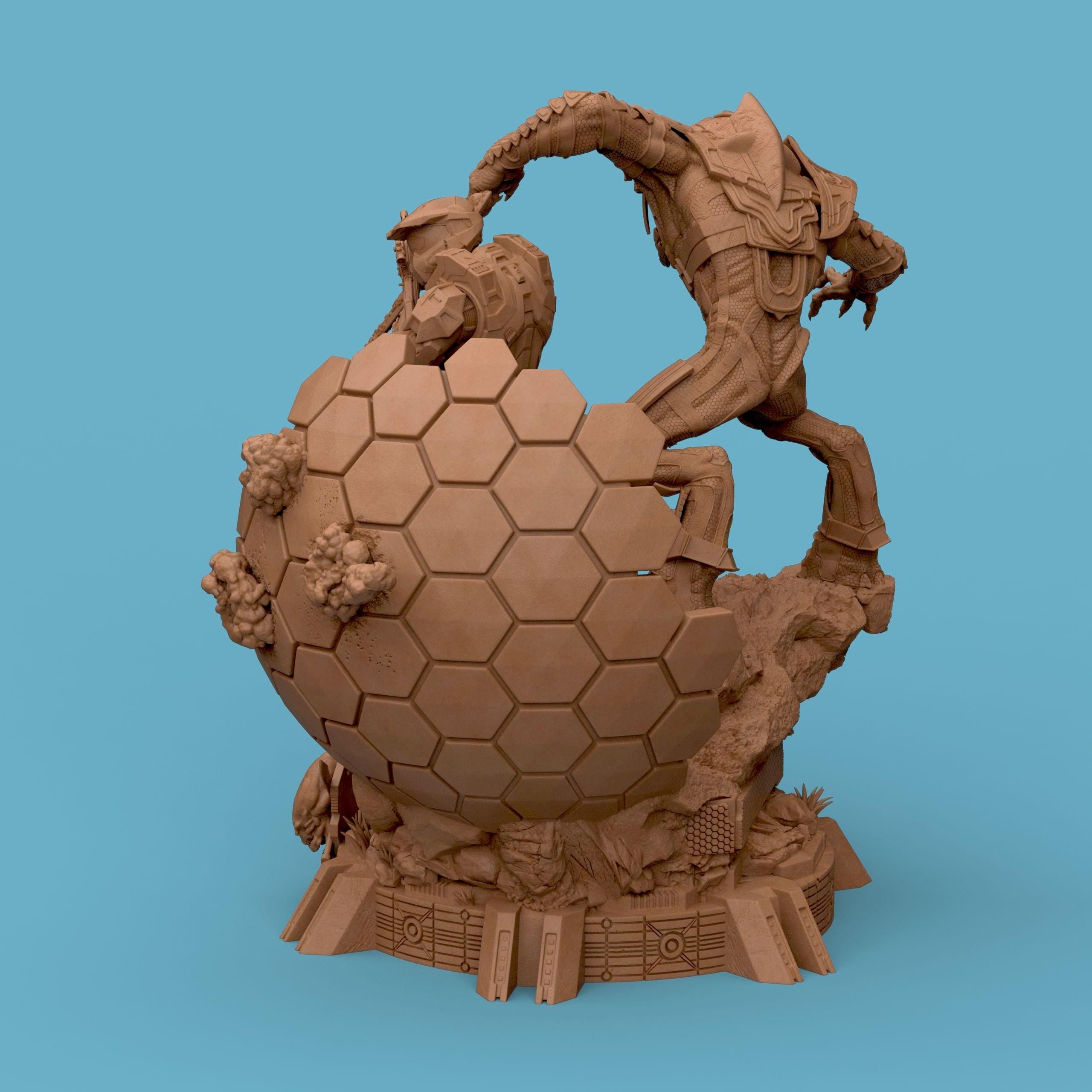 3D-printed diorama featuring the Arbiter and Master Chief locked in battle, captured in dynamic motion. The detailed scene showcases the two armored warriors clashing atop a sci-fi terrain with glowing energy blades and futuristic textures, embodying heroism, rivalry, and cinematic intensity — a perfect collectible for sci-fi fans and gamers.