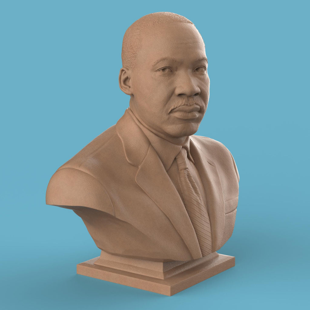 3D-printed bust of Martin Luther King Jr. in a suit and tie, capturing his determined expression with fine detailing, ideal for collectors, tributes, or display décor.