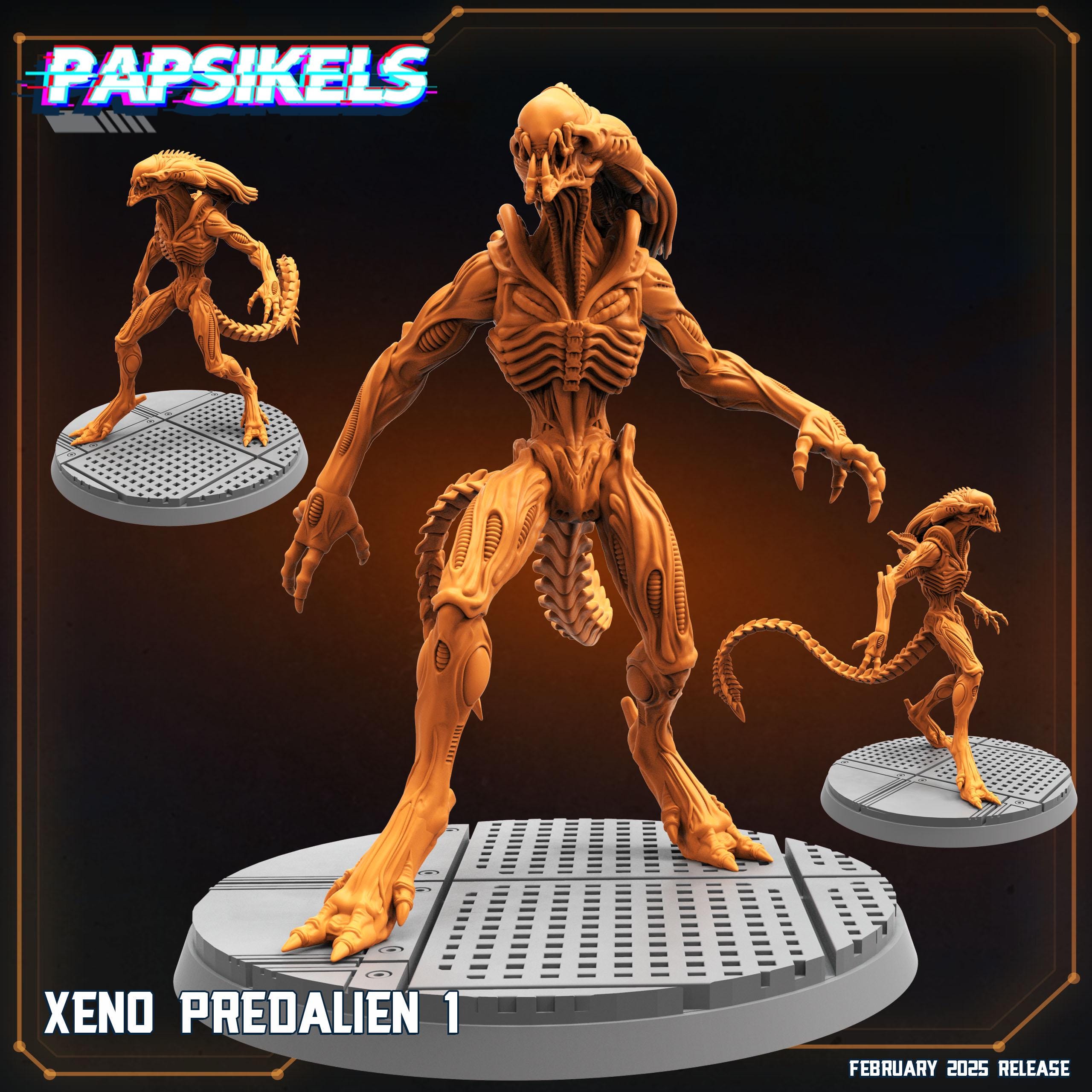 A terrifying alien creature with an elongated head, sharp claws, and biomechanical details, standing on a sci-fi platform. Its powerful stance and menacing posture make it a formidable figure, perfect for RPG or tabletop games.