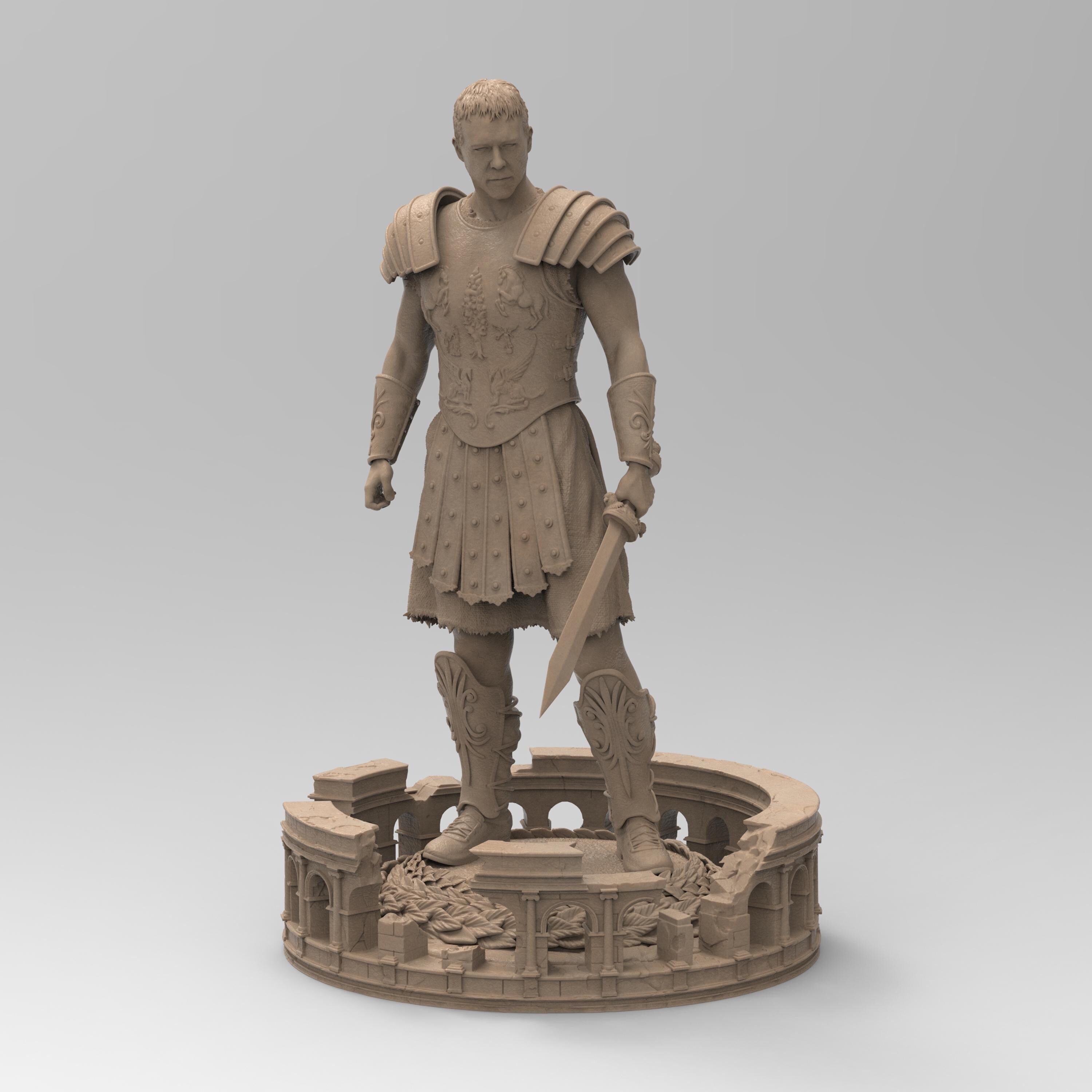 Statuette of The Gladiator, depicted in detailed armor with a sword in hand, standing confidently on a base featuring an intricate colosseum design and laurel accents.