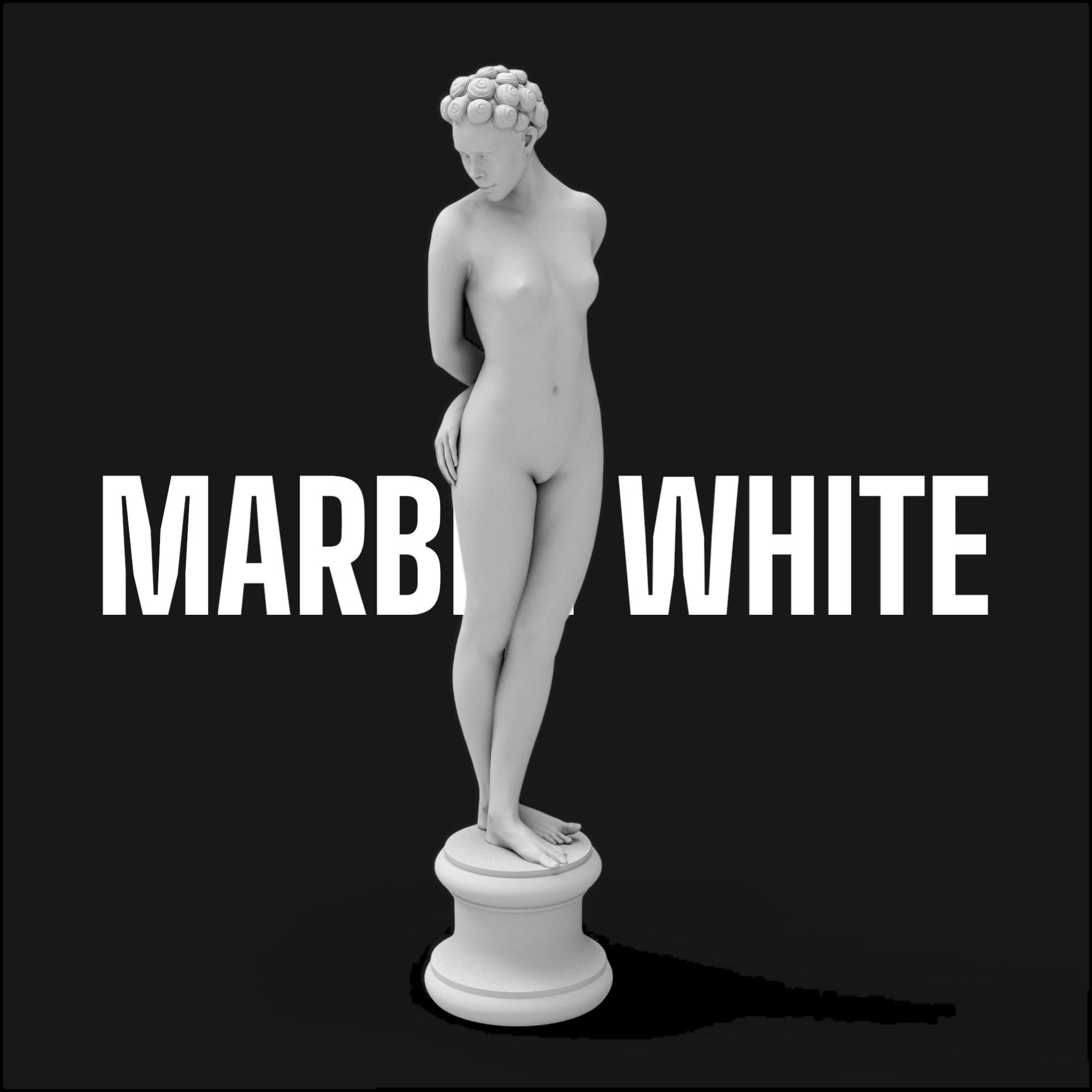 Elegant minimalist sculpture of a nude woman with vintage hair rollers, posed shyly on a round pedestal. “The Woman X” combines classical grace and modern rebellion in one striking collectible.