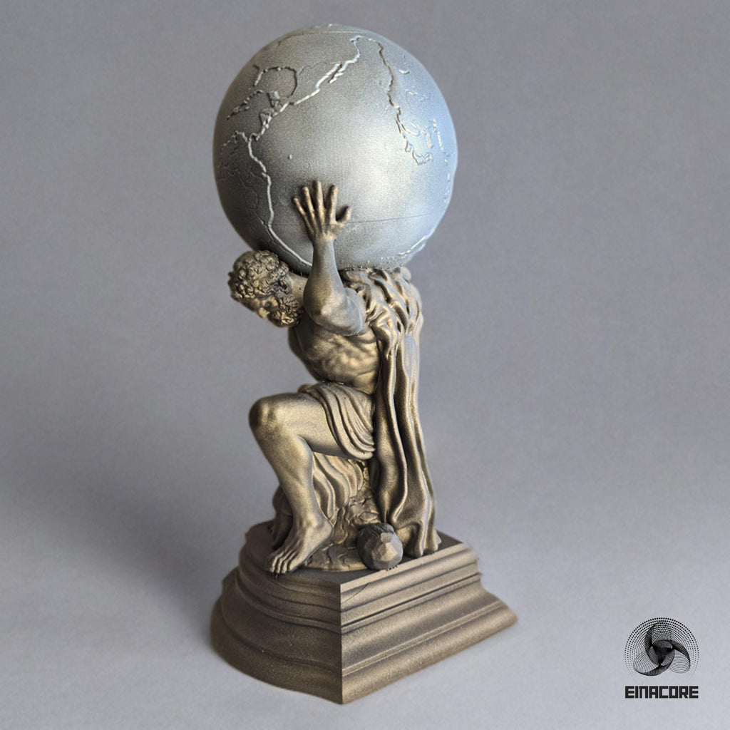 A detailed figurine of Atlas carrying the globe on his shoulders, showcasing a classic mythological design with intricate bronze and silver tones, displayed on a pedestal base.