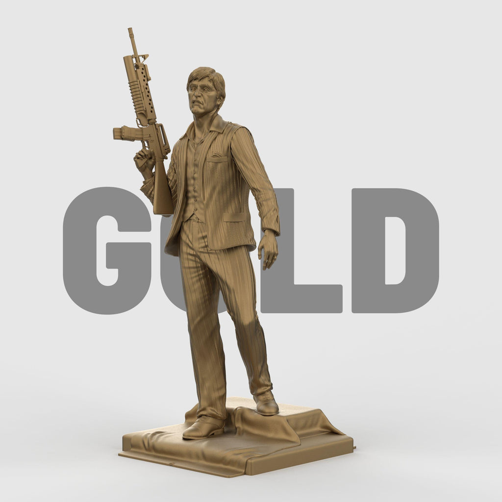 3D-printed statue inspired by Scarface, depicting a suited man in a confident pose, holding an assault rifle over his shoulder. The figure wears a detailed pinstripe suit and stands atop a textured base, capturing a bold and iconic cinematic moment with lifelike facial expression and dynamic stance.