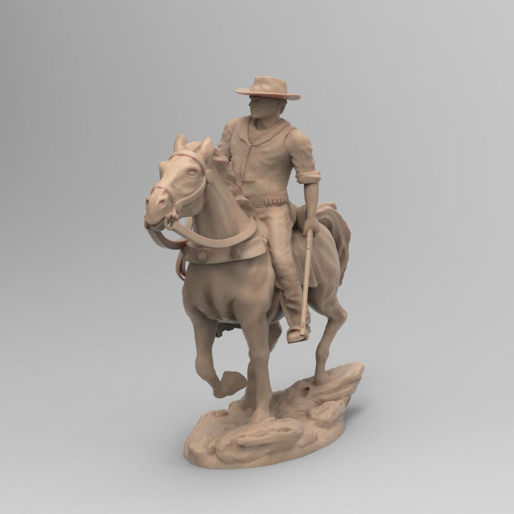 Antique wood-colored statue of a cowboy on horseback, holding a rope and equipped with a rifle and saddle gear, standing on a rugged base with detailed textures.