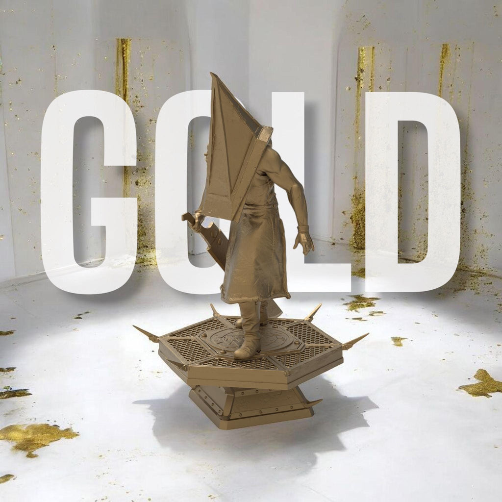 A menacing figure stands on a spiked platform, clad in a long, tattered robe with a massive pyramid-shaped helmet. He grips a large, rusted blade, exuding an aura of terror. Shadows stretch behind him, amplifying his ominous presence.