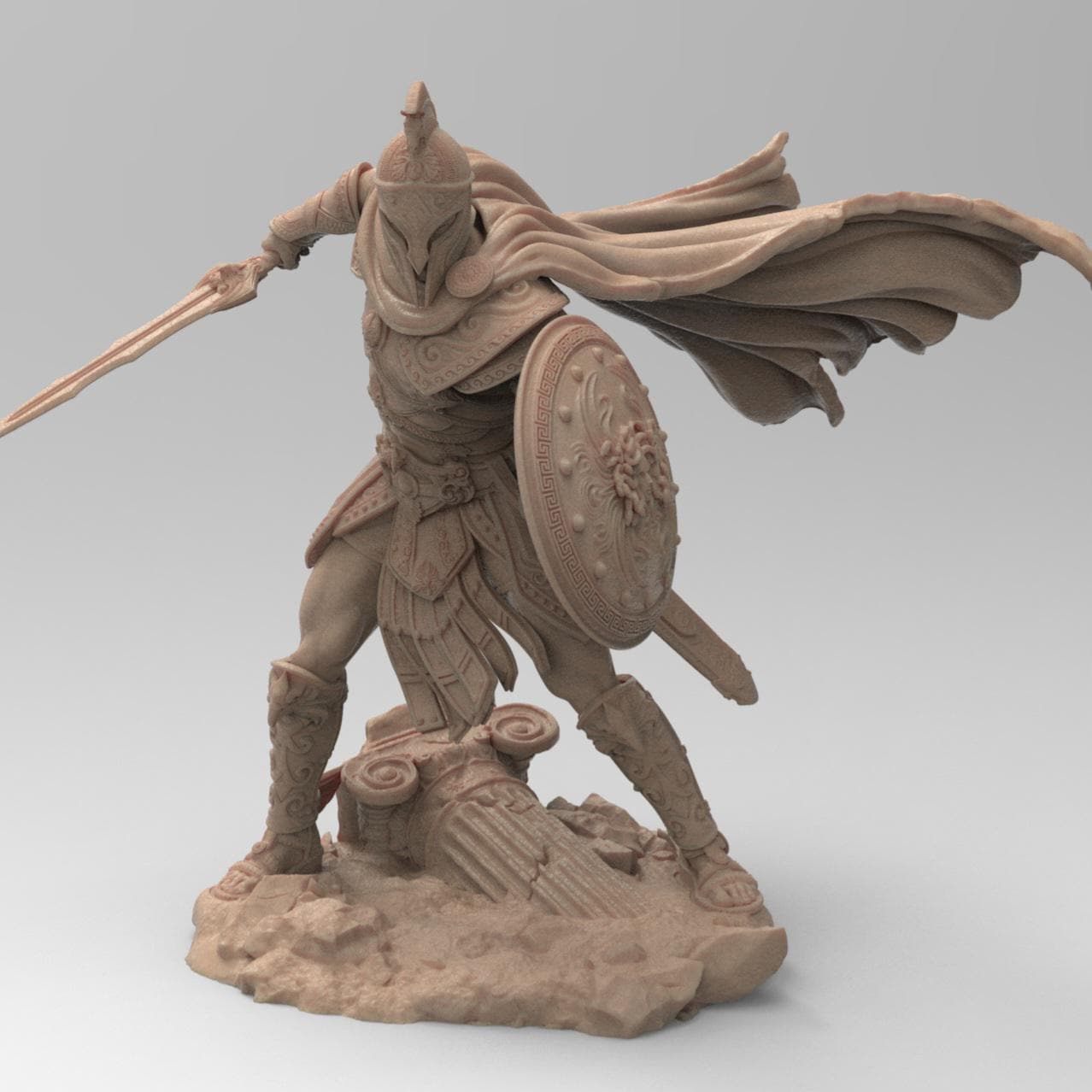 Detailed 3D-printed statue of Perseus in dynamic battle pose, holding a sword and shield, wearing intricately designed armor and a flowing cape, standing on a base with broken columns and rubble.