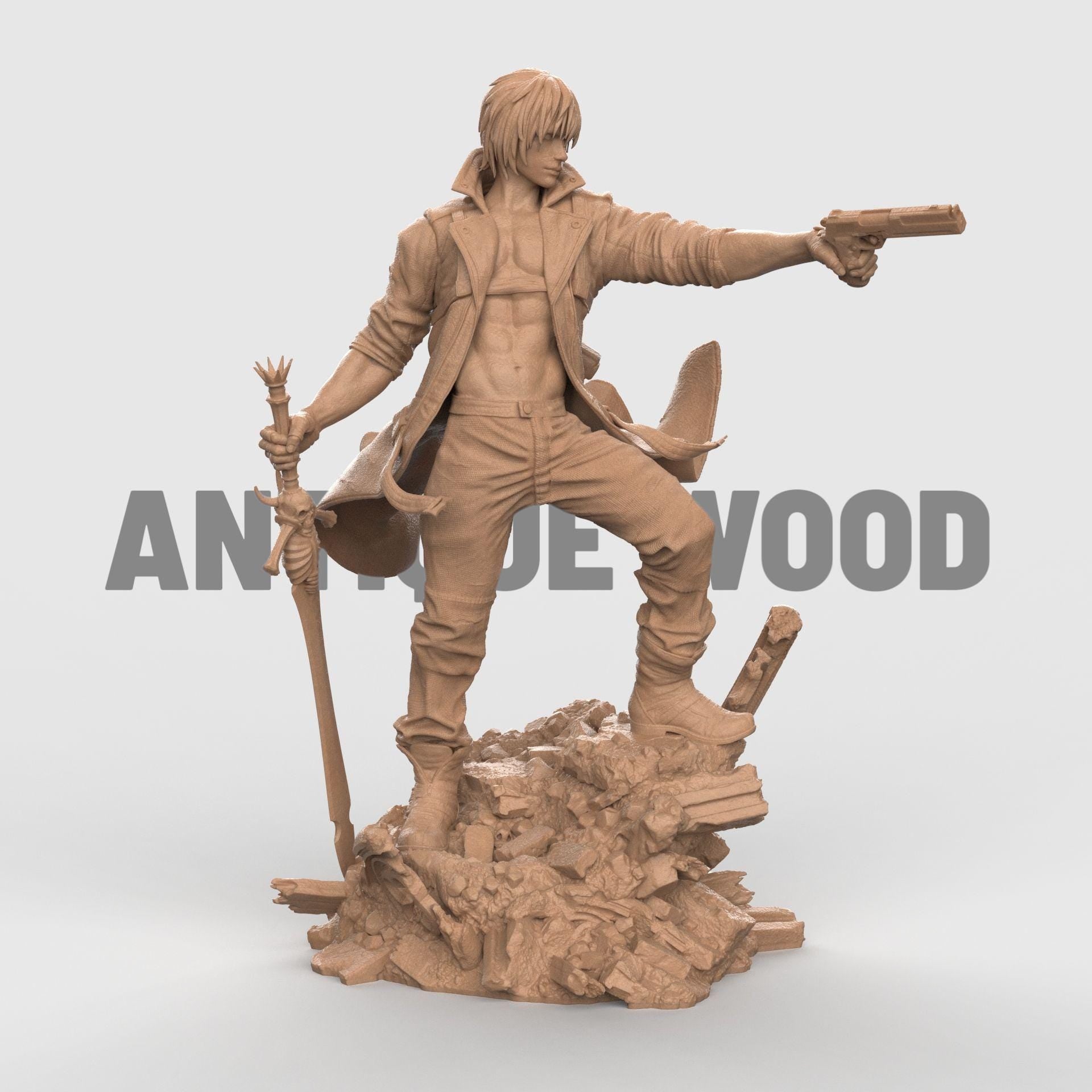 Dante figurine posed dynamically on rocky terrain, wearing a flowing red coat and holding a pistol aimed forward, with detailed sculpting and painted finish.