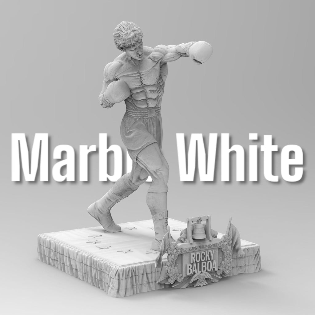Rocky Balboa statuette capturing the iconic boxer in a powerful fighting stance. Features sculpted muscles, boxing gloves, and a detailed base with championship elements, embodying determination and resilience.
