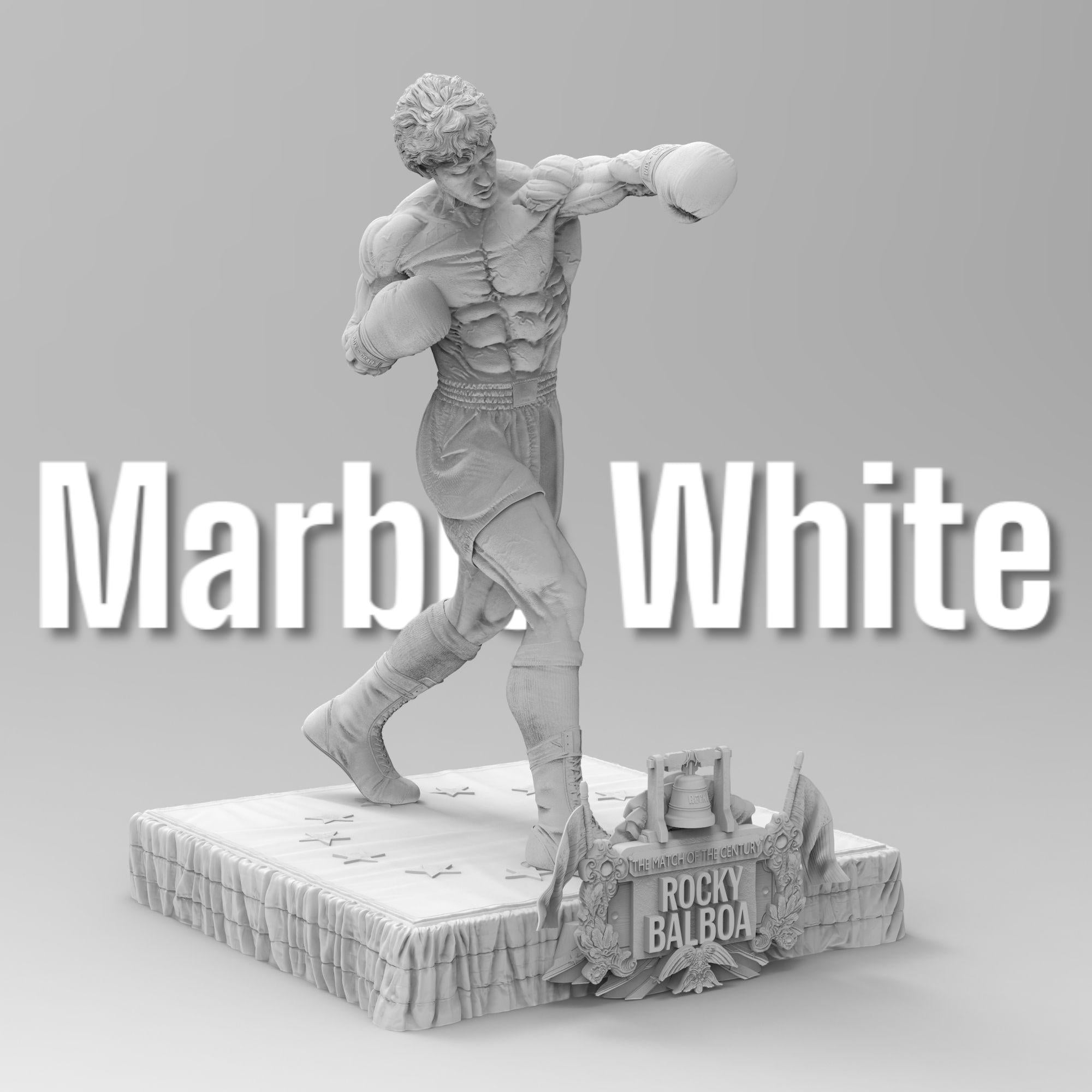 Rocky Balboa statuette capturing the iconic boxer in a powerful fighting stance. Features sculpted muscles, boxing gloves, and a detailed base with championship elements, embodying determination and resilience.