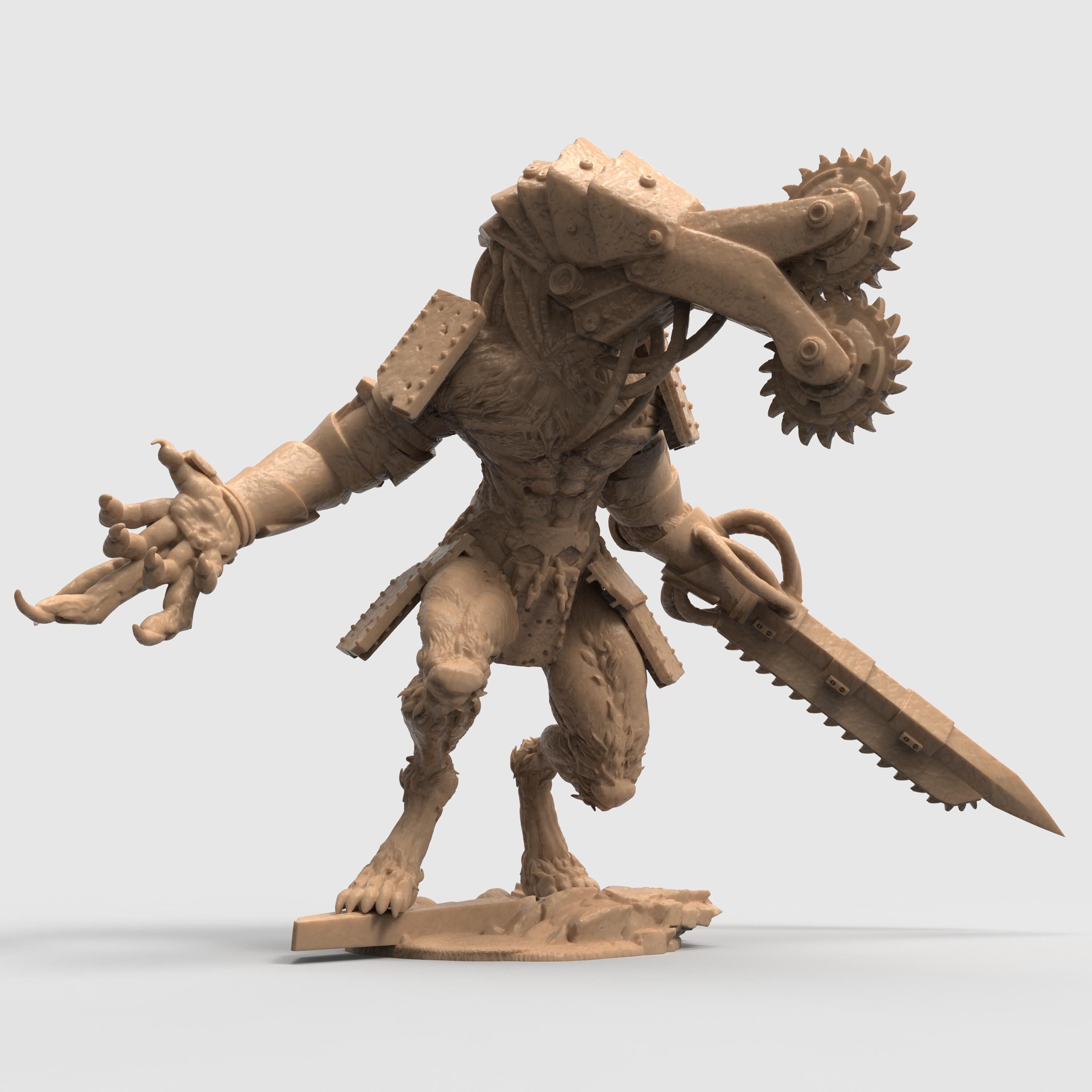 Three views of the Sampaloc War Wolf miniature, a muscular werewolf-like creature with mechanical enhancements. The beast features a large headpiece fitted with twin circular saw blades and wears spiked armor plates on its shoulders. One arm ends in a menacing clawed hand, while the other is equipped with a chainsaw-like weapon. The figure stands on a textured base resembling broken terrain, emphasizing its aggressive and battle-ready posture.