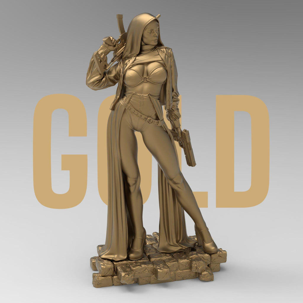 Armed and divine, the Nun with Gun stands tall with tactical heels, hooded cloak, and dual firepower. A bold blend of holiness and havoc—equal parts protector and punisher. Perfect for collectors who like their saints with a side of firepower.