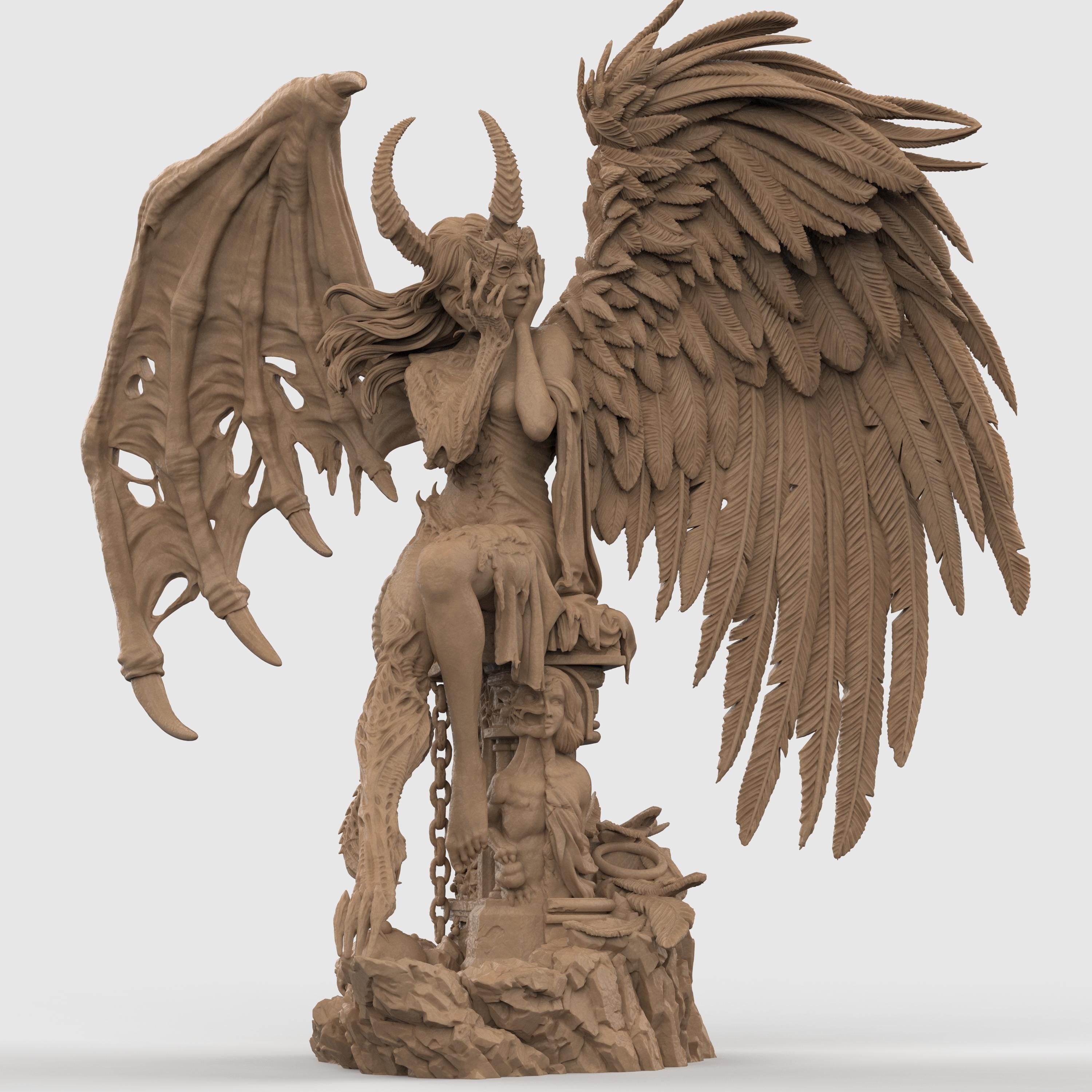 Highly detailed 3D-printed statue titled The Face of Evil, featuring a haunting hybrid figure with dual wings—one angelic and feathered, the other demonic and torn. The character sits on a throne-like structure, covering her face with clawed hands, with ram-like horns and a mix of human and beast features. The base includes crumbling stone, chained limbs, and scattered relics, evoking a dark, mythological aesthetic.