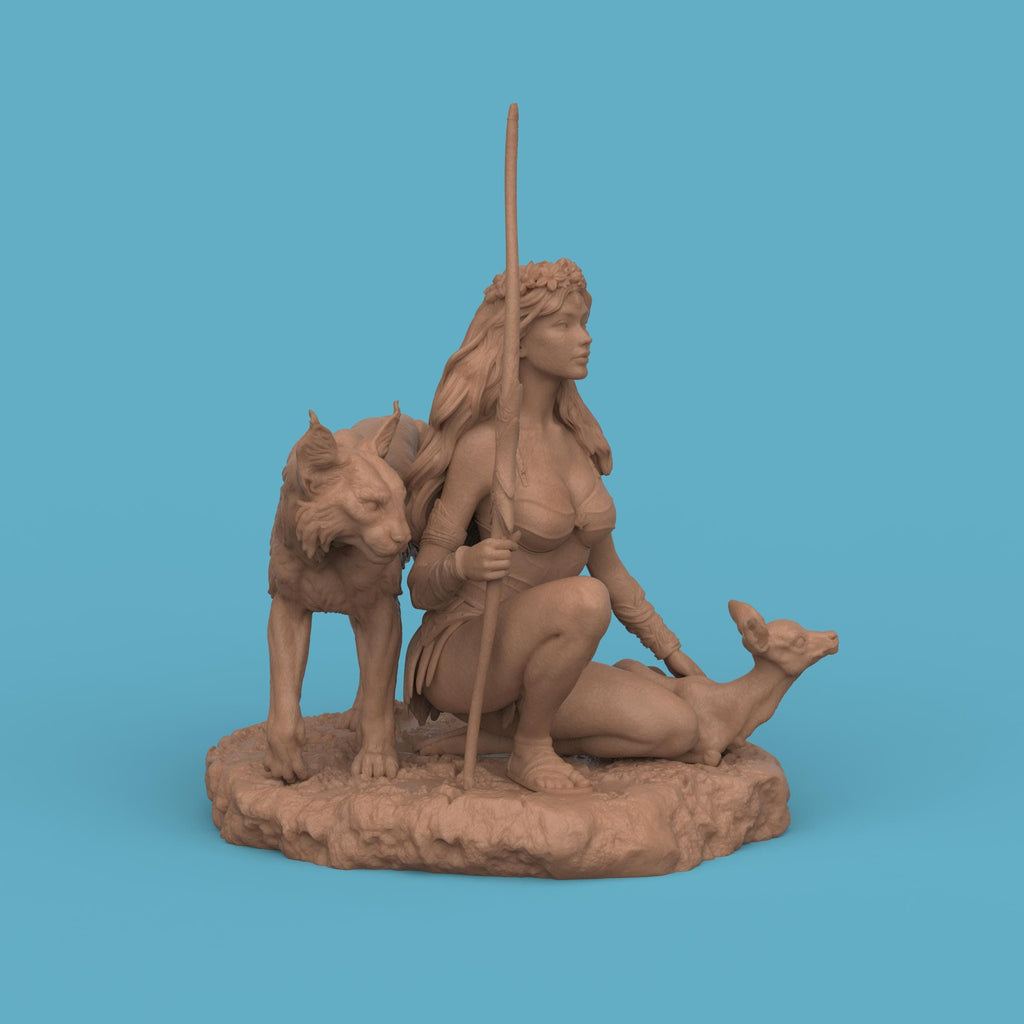 3D-printed Artemis figurine featuring a kneeling huntress goddess holding a staff, accompanied by a large wild cat and a small deer. The sculpt showcases flowing hair, detailed armor, and a natural rocky base, capturing the mythological figure’s serene yet powerful presence.