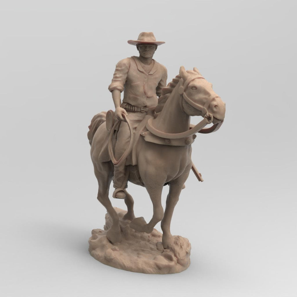 Antique wood-colored statue of a cowboy on horseback, holding a rope and equipped with a rifle and saddle gear, standing on a rugged base with detailed textures.