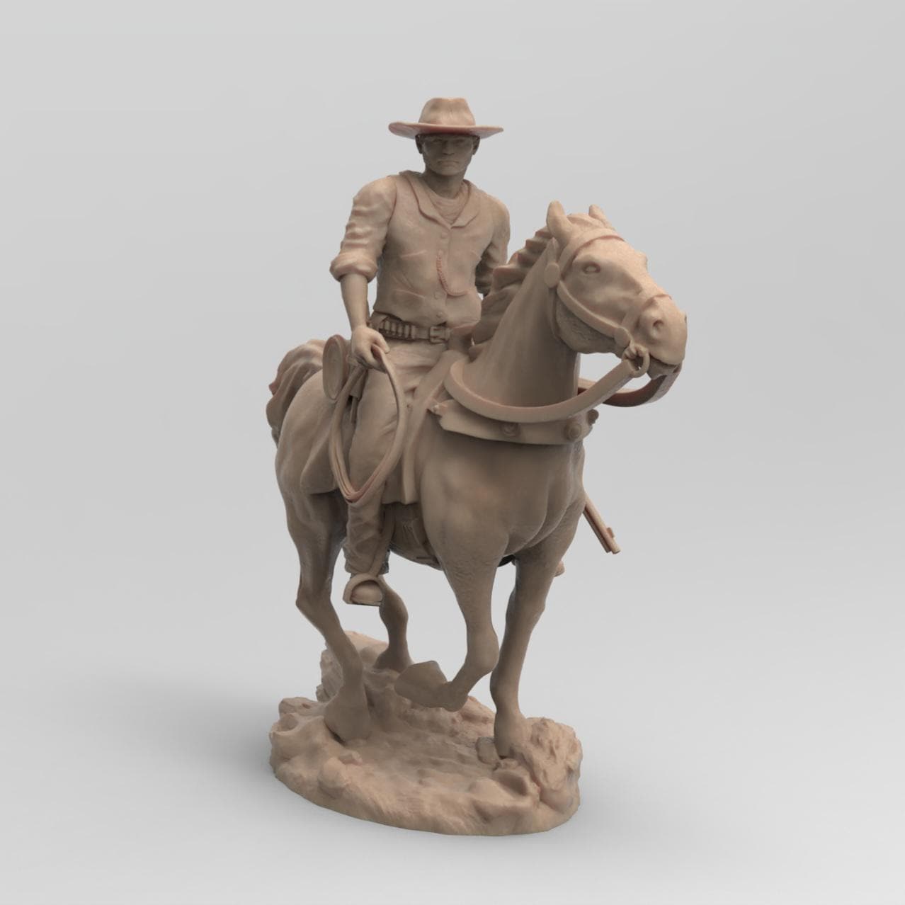 Antique wood-colored statue of a cowboy on horseback, holding a rope and equipped with a rifle and saddle gear, standing on a rugged base with detailed textures.
