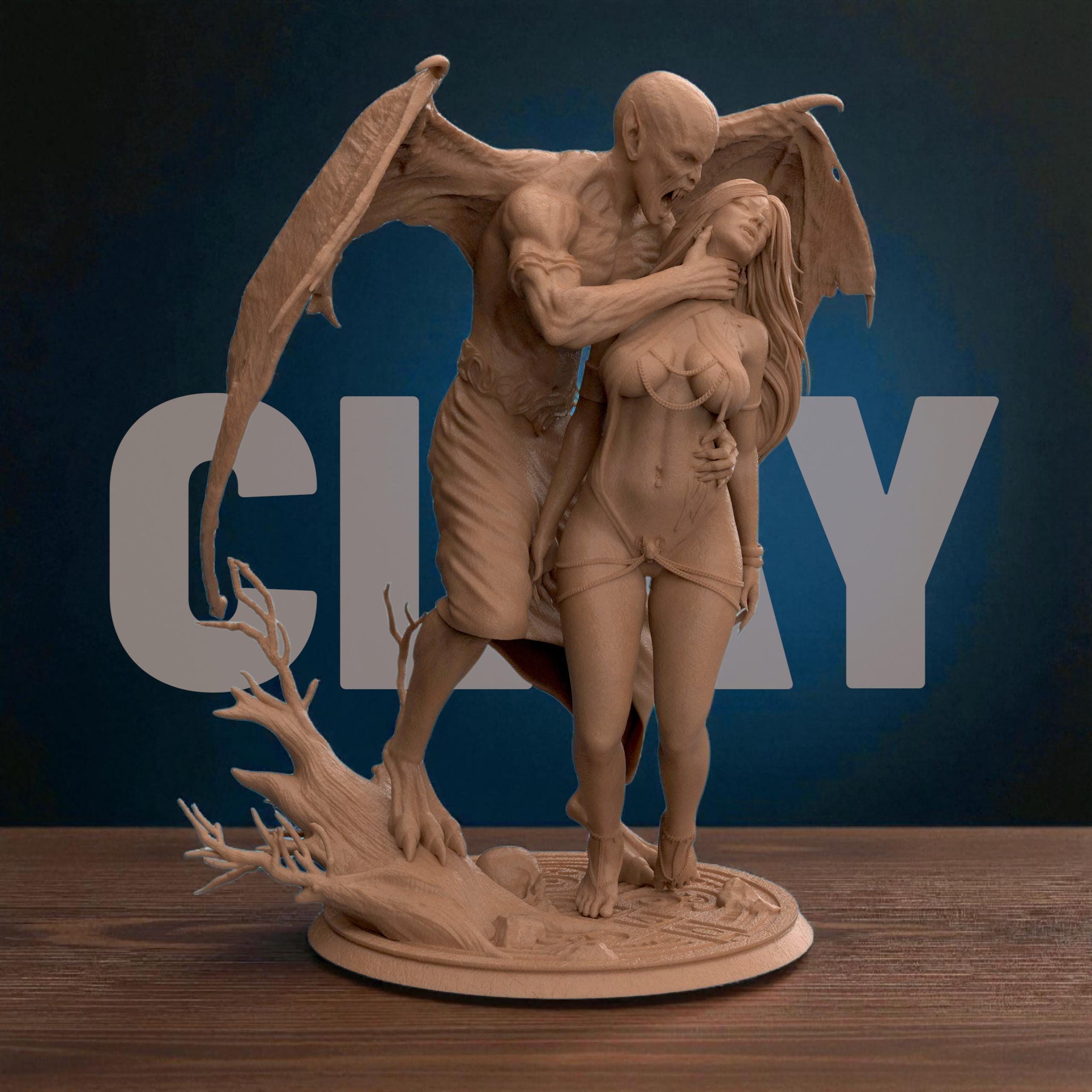 3D-printed Dracula’s Desire figurine featuring a dramatic vampire and victim scene, capturing gothic passion and dark fantasy. The detailed sculpture showcases expressive poses, intricate anatomy, and realistic textures — from tattered wings to flowing hair — symbolizing temptation, dominance, and the timeless allure of the night.