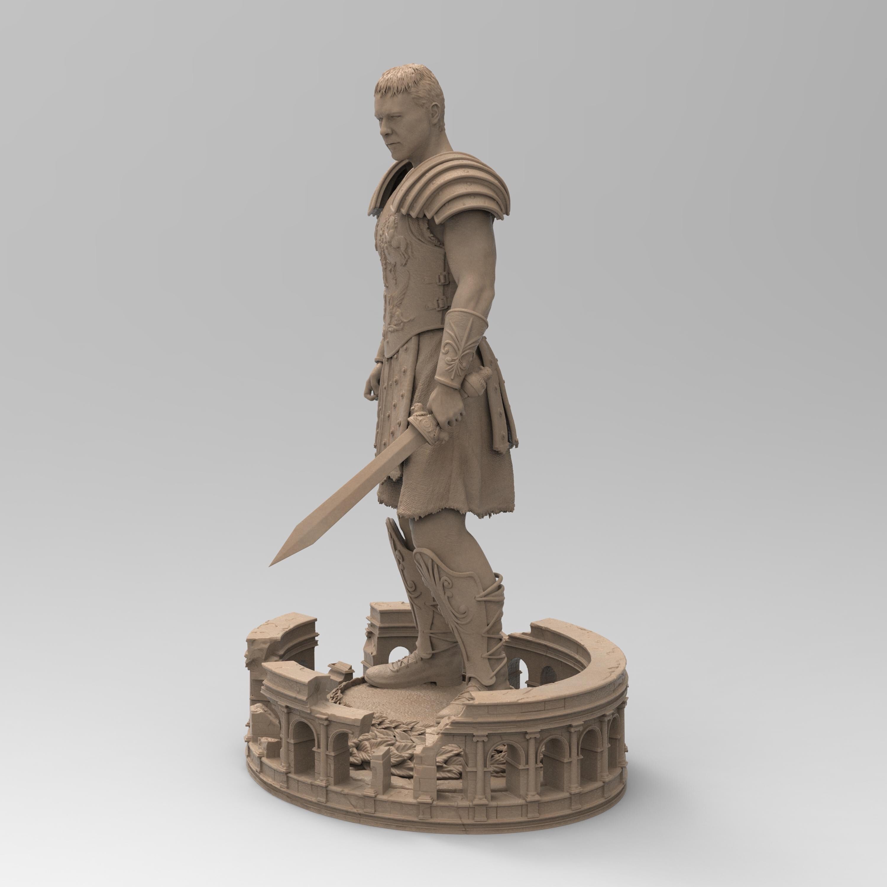 Statuette of The Gladiator, depicted in detailed armor with a sword in hand, standing confidently on a base featuring an intricate colosseum design and laurel accents.