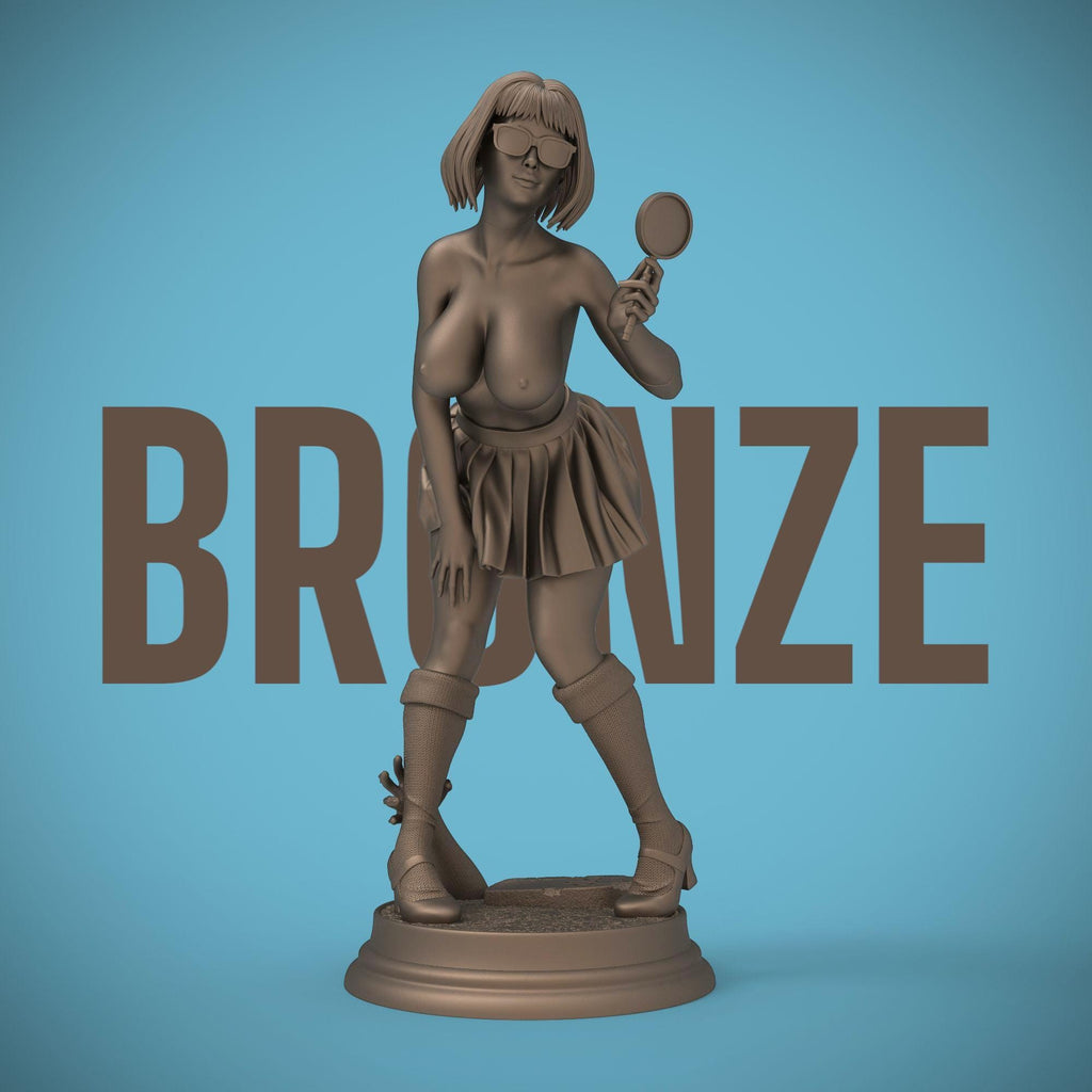 A cheeky twist on the classic mystery solver. This curvy Velma-inspired figurine captures her playful spirit with a magnifying glass in hand and a mischievous grin. A perfect blend of sass and smarts, sculpted in high detail for collectors.