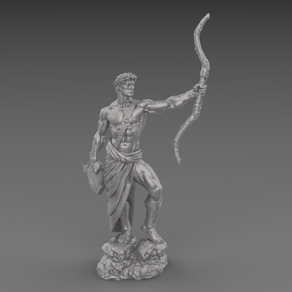 Apollo statue with a bow and lyre, wearing a laurel wreath and draped garment. His heroic stance and muscular form embody divine strength and grace.