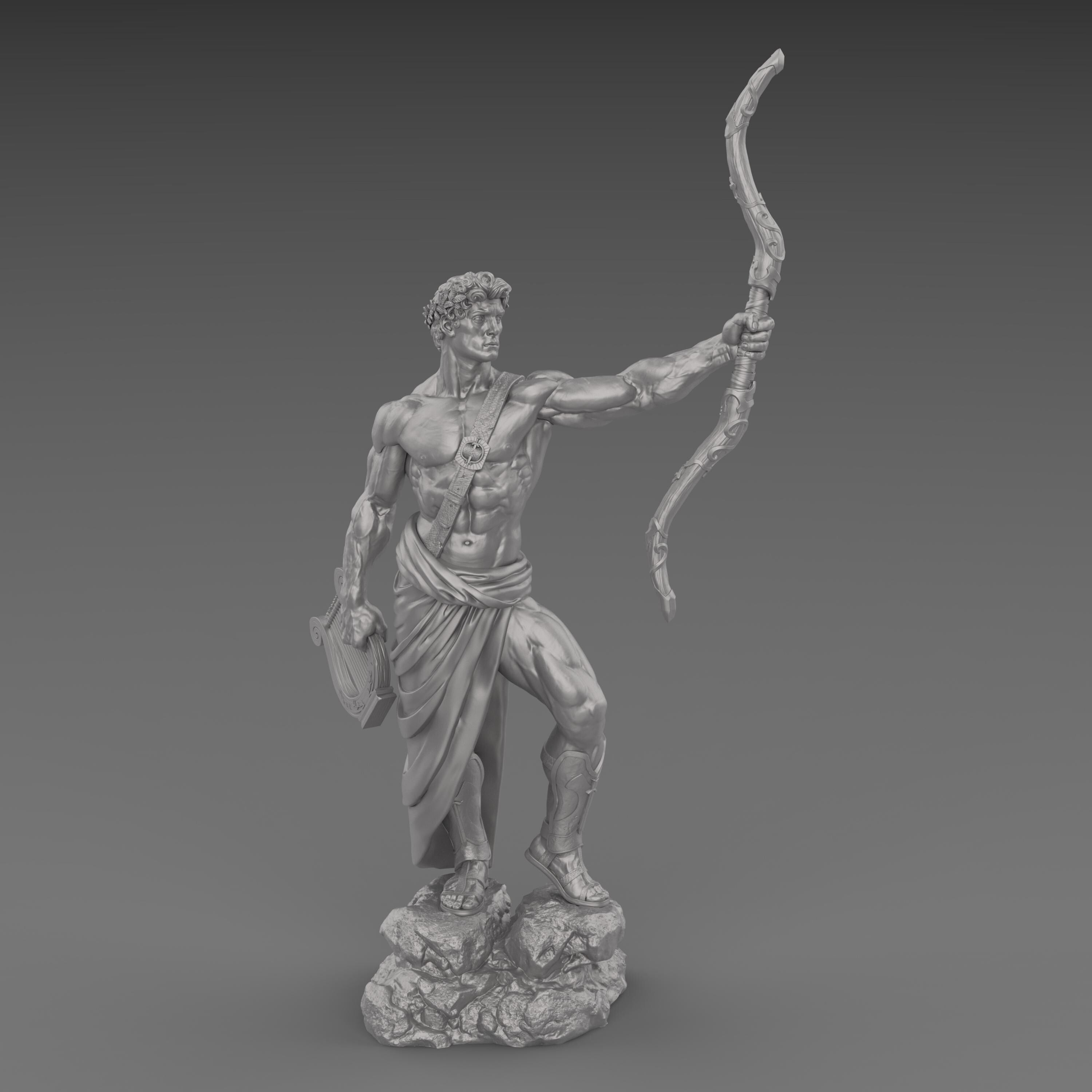 Apollo statue with a bow and lyre, wearing a laurel wreath and draped garment. His heroic stance and muscular form embody divine strength and grace.