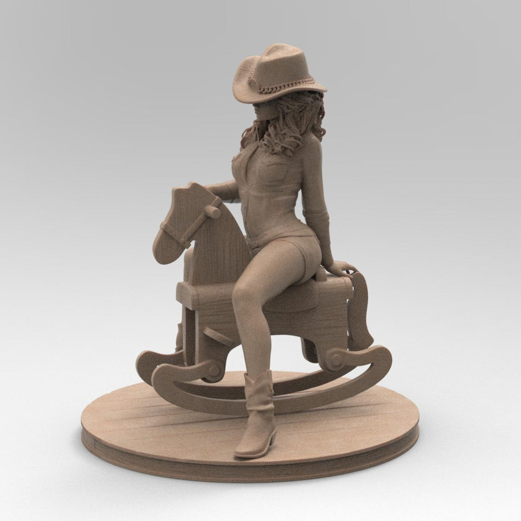 Antique wood-colored statue of a cowgirl wearing a hat and boots, riding a detailed rocking horse, posed on a circular wooden base with a rustic finish.