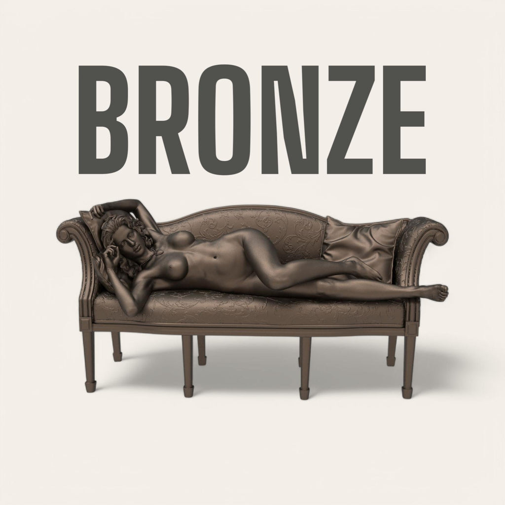 Titanic Rose 3D sculpture inspired by the iconic film pose. A graceful figure reclines nude on a vintage sofa, with detailed textures in fabric and anatomy, capturing a timeless moment of elegance and vulnerability.