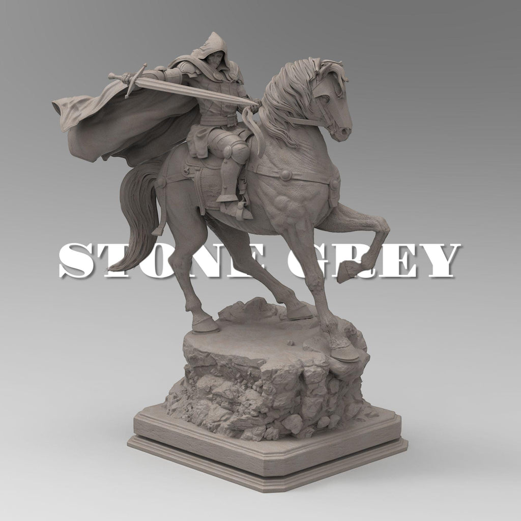 May include: A beige colored statue of a knight riding a horse. The Armored Revenant is wearing a hooded cloak and holding a sword. The horse is standing on a rocky base.
