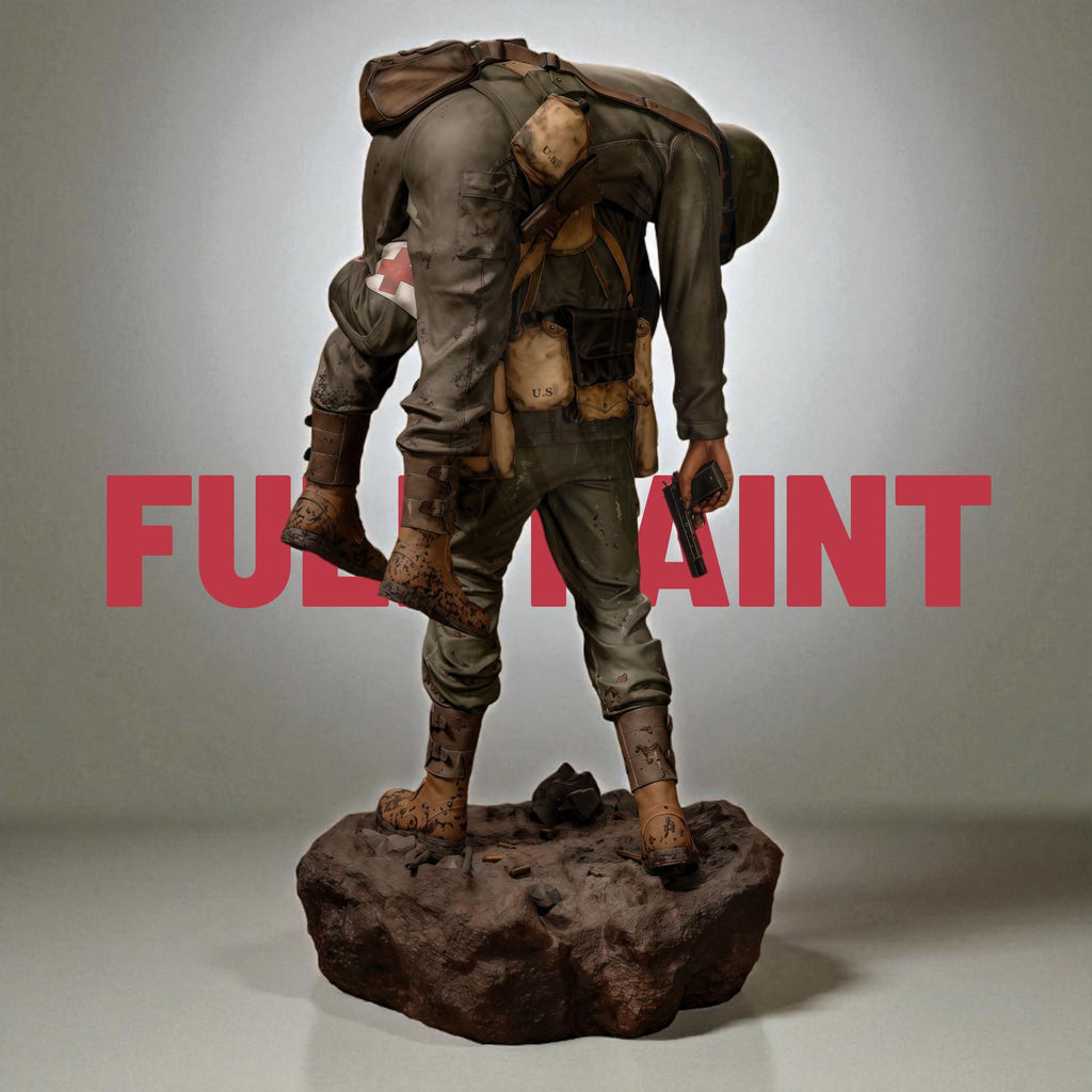 Detailed 3D-printed statue of a WWII soldier carrying a wounded comrade on his back, symbolizing courage, sacrifice, and brotherhood in battle. The figure is set on a rocky base, capturing raw emotion and heroic realism.