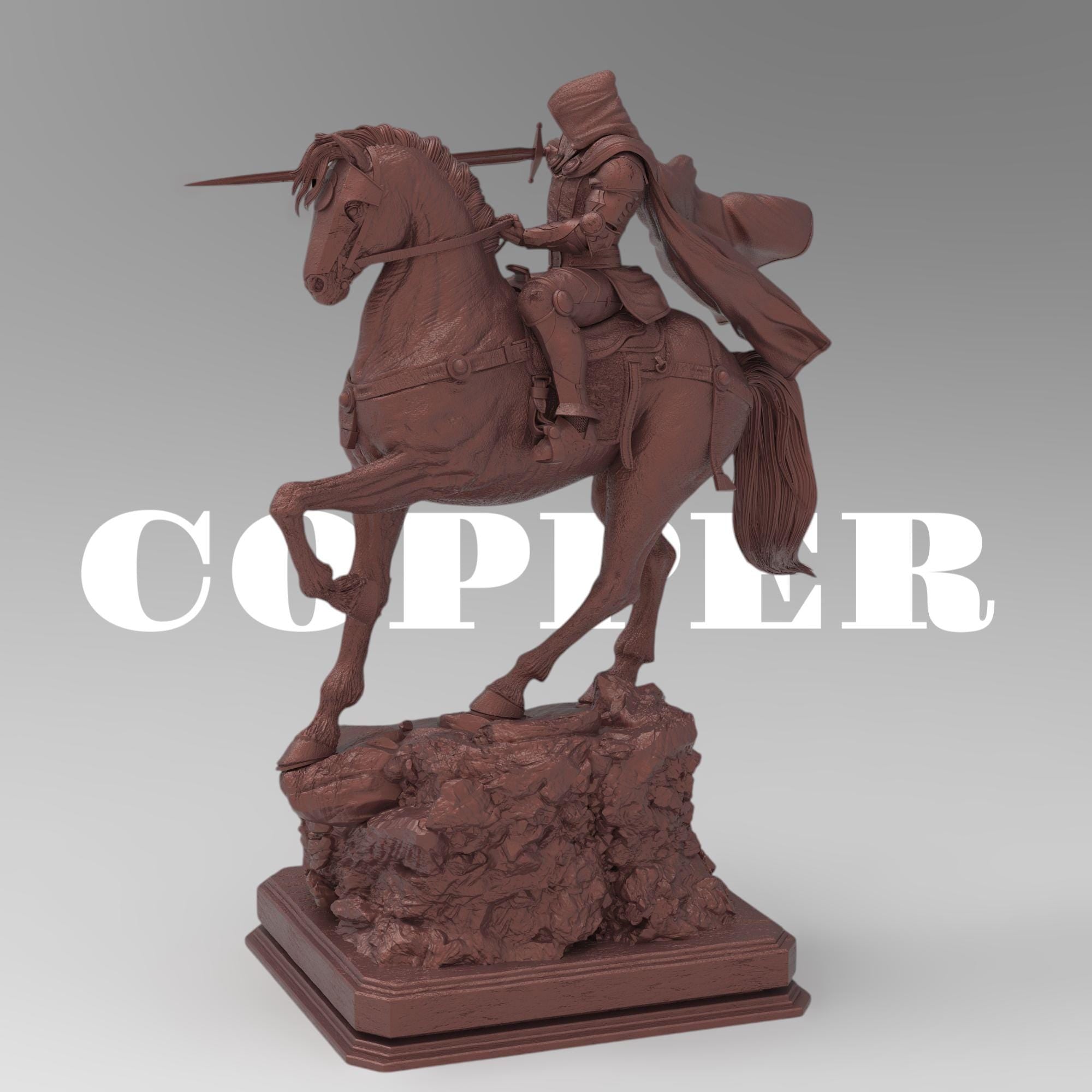 May include: A beige colored statue of a knight riding a horse. The Armored Revenant is wearing a hooded cloak and holding a sword. The horse is standing on a rocky base.
