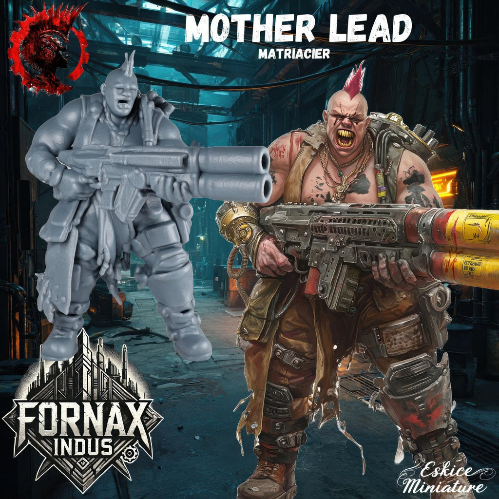 A group of six highly detailed 3D-printed miniatures representing a post-apocalyptic punk gang, featuring fierce female and male characters with mohawks, cybernetic enhancements, and heavy weaponry. The figures are designed in a gritty sci-fi style, posed for action, and intended for tabletop wargaming. The background includes the illustrated gang members in a dark, dystopian alleyway, reinforcing the futuristic and rebellious aesthetic of the Fornax Indus universe.