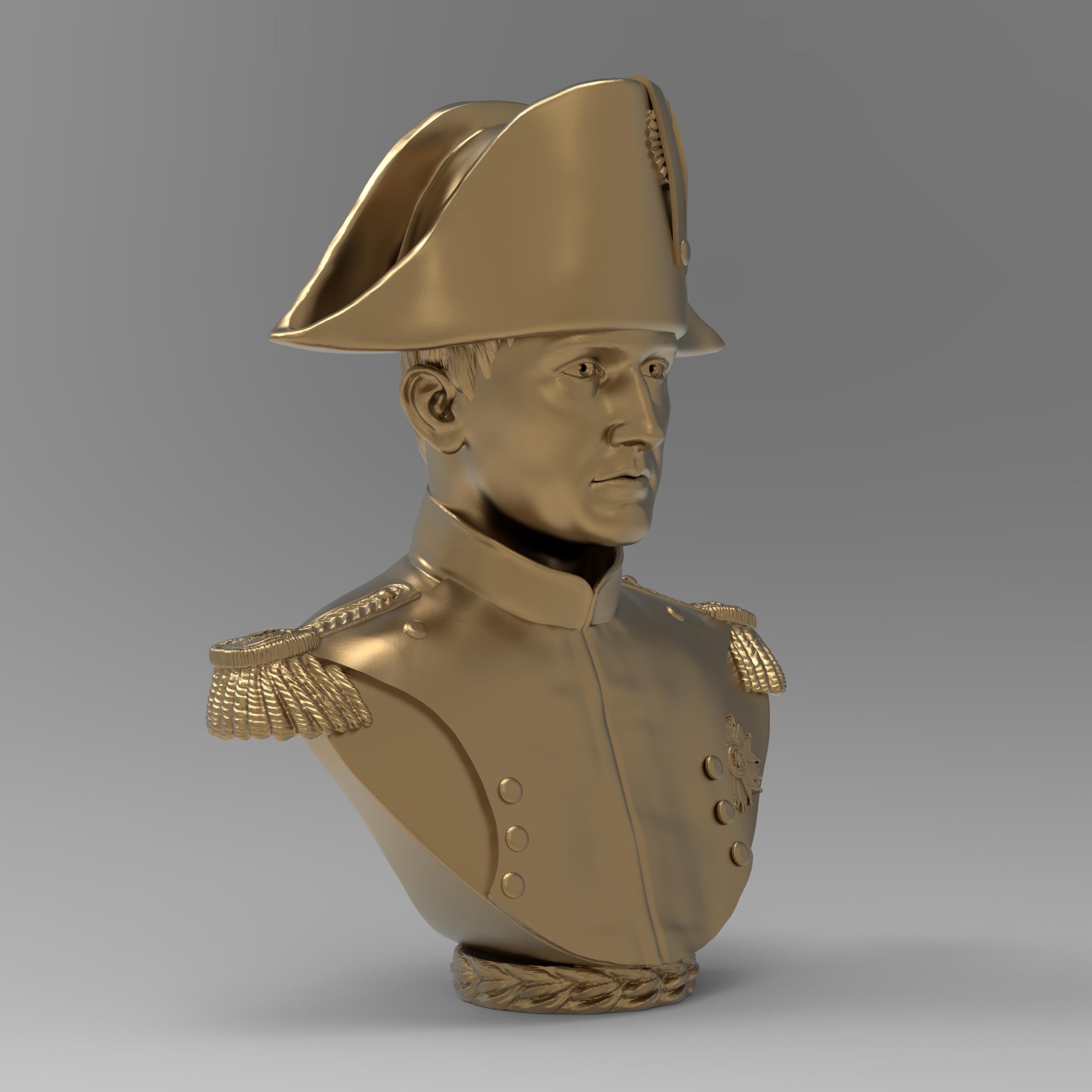 Bust of Napoleon Bonaparte wearing a bicorne hat and detailed military uniform, showcasing epaulets and a medal, set against a neutral background.